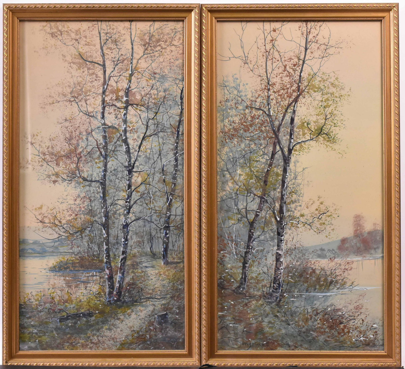 Diptych Watercolor Birch Trees Raphael Senseman: (American 1870 - 1965) Signed l.l. Size of each: 21 1/2"h x 11"w
