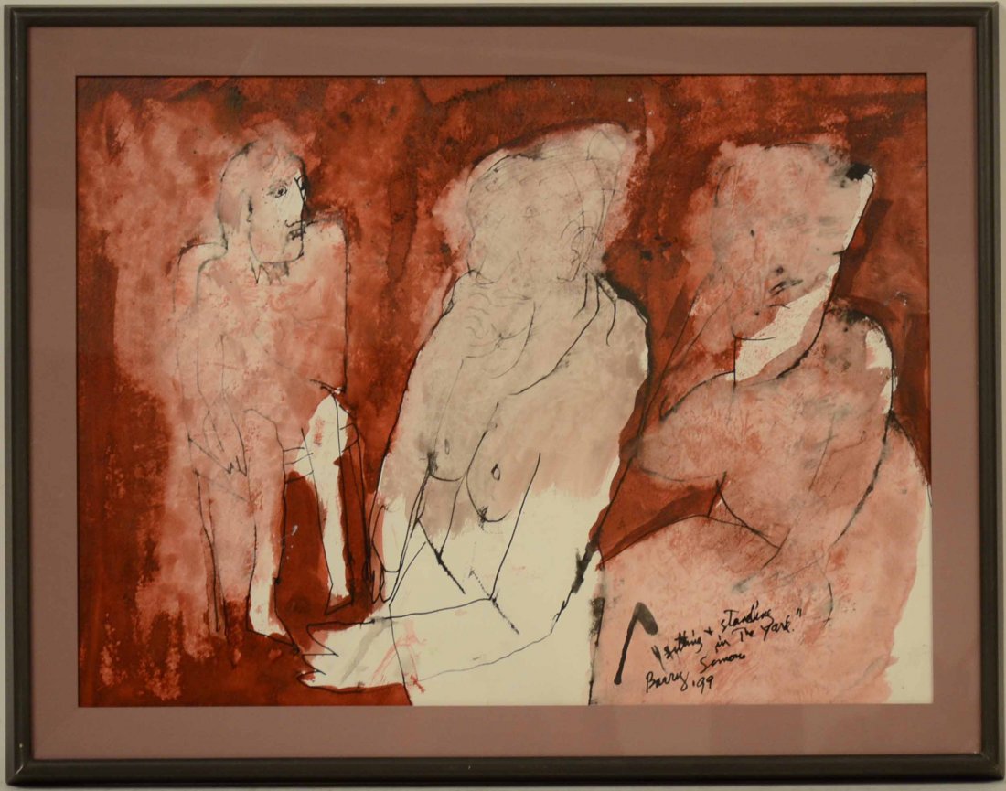 Framed Mixed Media on Paper, Barry Simons: (American, 1943-2009), watercolor and ink, "Sitting and Standing in the Yard," signed l.r., dated '99.