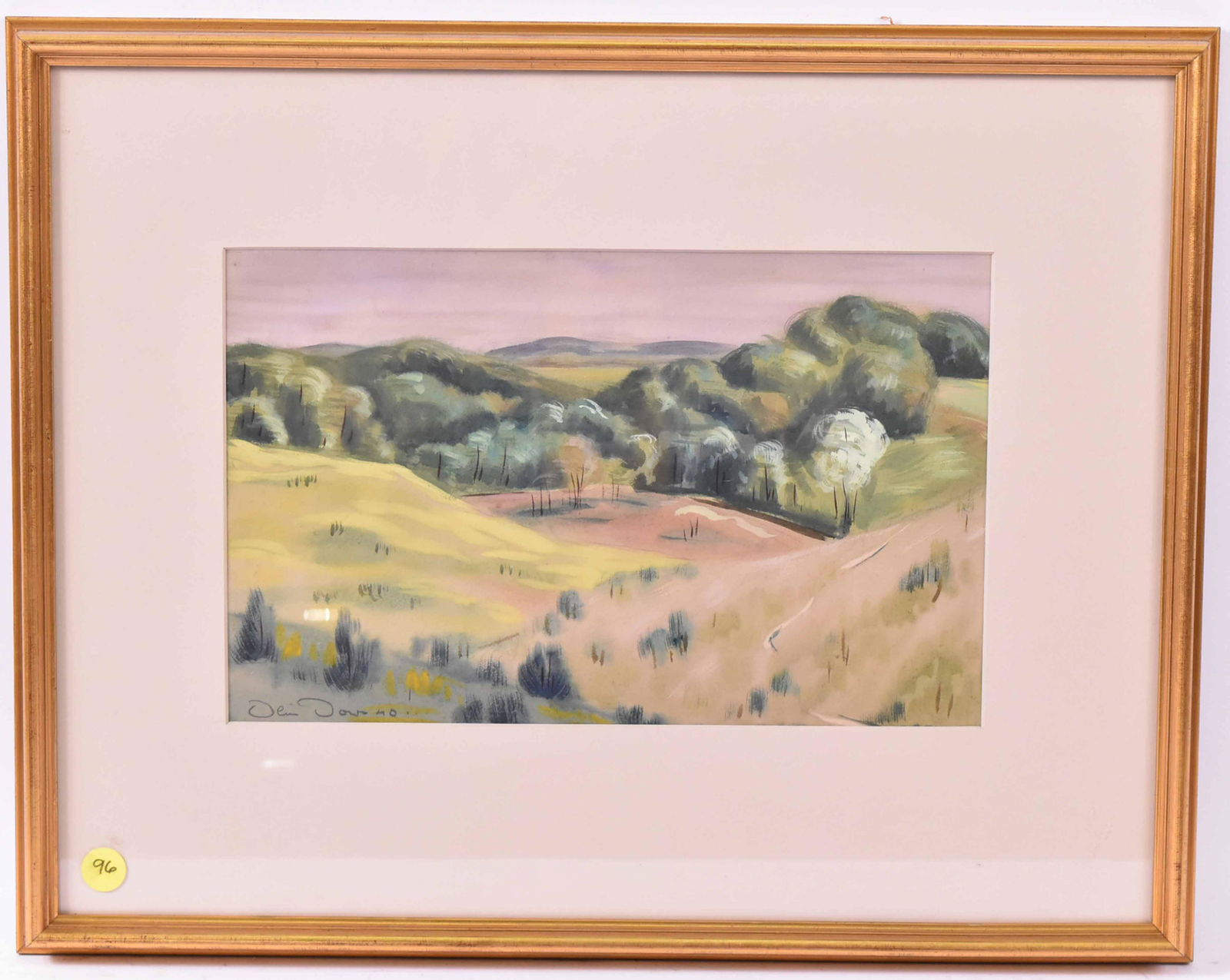 Gouache on Paper "Fox Hollow Hills" Olin Dows: Olin Stephen Dows (American, 1904-1981) Study for Hyde Park, New York Post Office murals. Signed and dated l.l. Olin Dows 1940 and titled and signed verso in pencil. Size: 8"h x 12 1/2"w Provenance: P