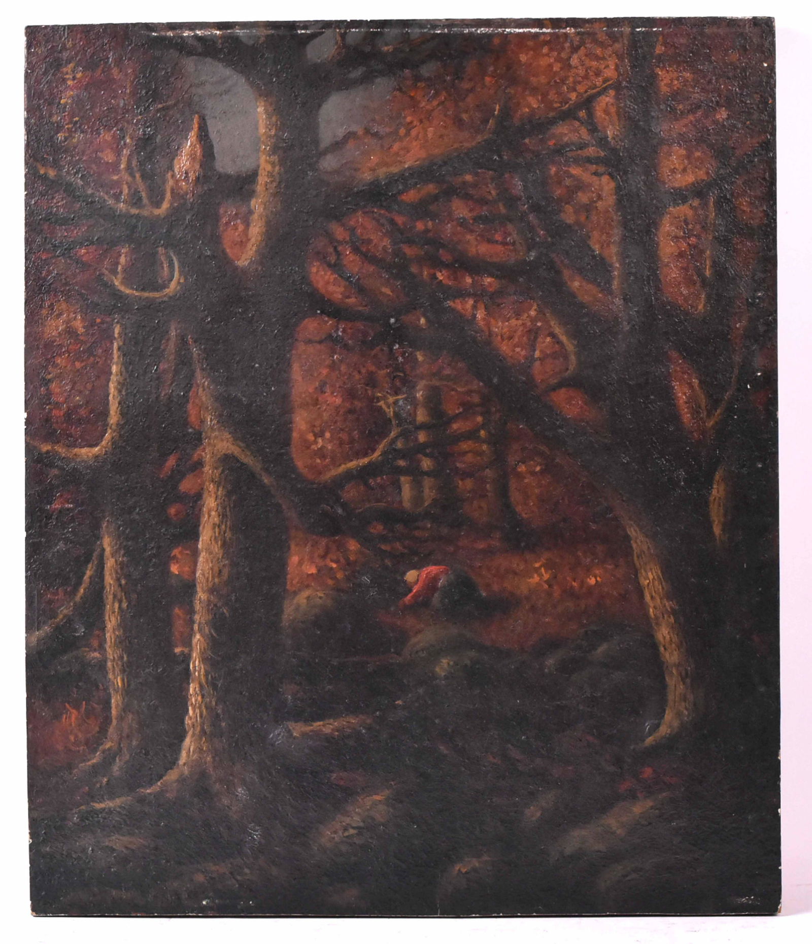 Oil on Panel Woman in Forest Among Trees: (Continental, 19th/20th Century) Appears unsigned. Size: 23"h x 19 1/2"w Condition: very dark, oxidized varnish. Provenance: Property from the Estate of Judith Applegate, Princeton, NJ.
