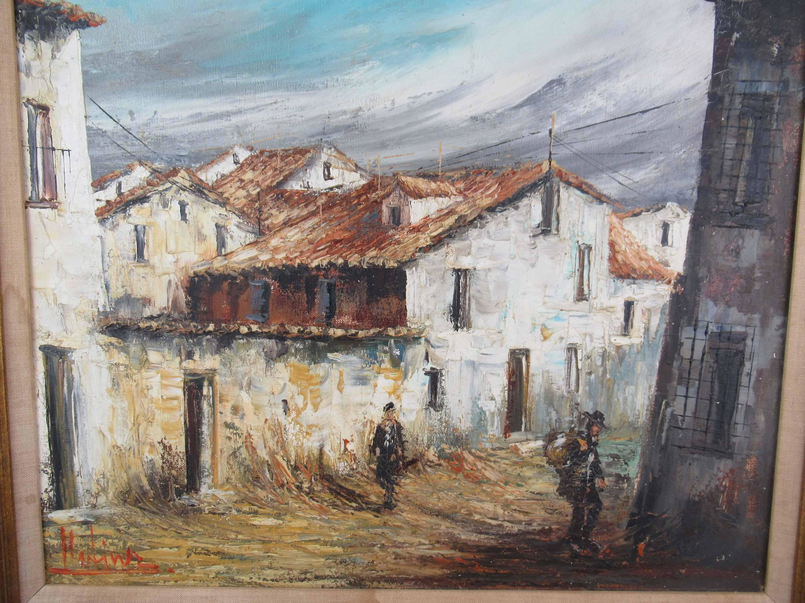 A. Bazar Oil on Canvas of Market Scene: A. Bazar Oil on Canvas of Market Scene signed lower right. Together with three other assorted oil on canvas landscapes. Used condition wear, worn, losses, tears, punctures along edge. Bazar 19 1/2" x 