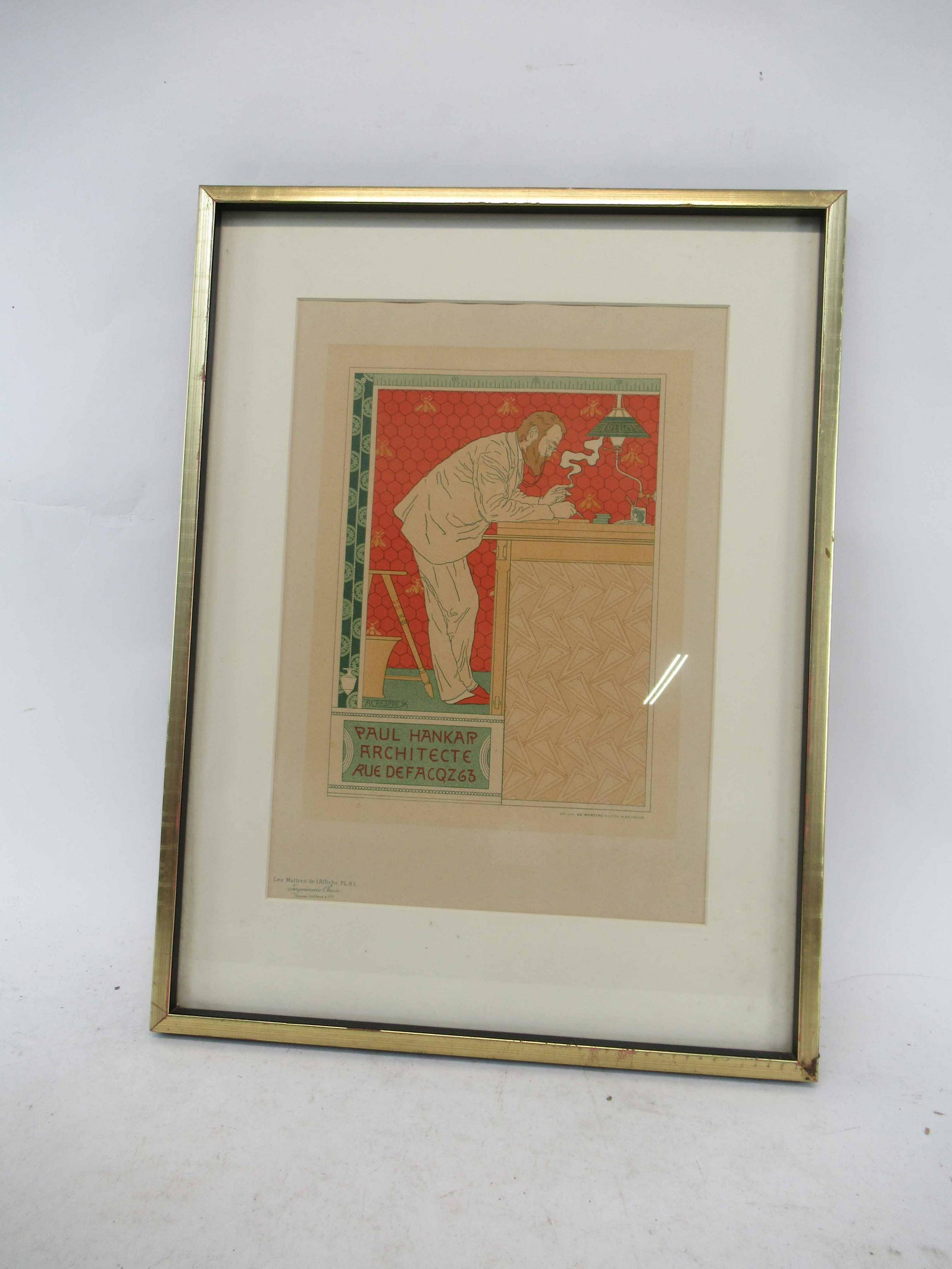 Adolphe Crespin. "Paul Hankar, Architecte" Print: Adolphe Crespin. "Paul Hankar, Architecte" Print From "Les Maitres de l'Affiche," blindstamp lr, sight size: 12 1/4 x 9 1/2 in. Framed Size 15 5/8" x 20 3/4"