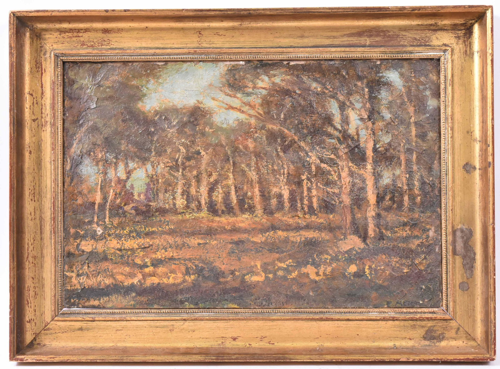 Oil on Canvas Landscape with Trees Ernst Meyer: (American, 19/20th century) Signed l.r. E Meyer. Size: 12"h x 18"w Condition: Paint loss and lifting. Provenance: Property from the Estate of Judith Applegate, Princeton, NJ.