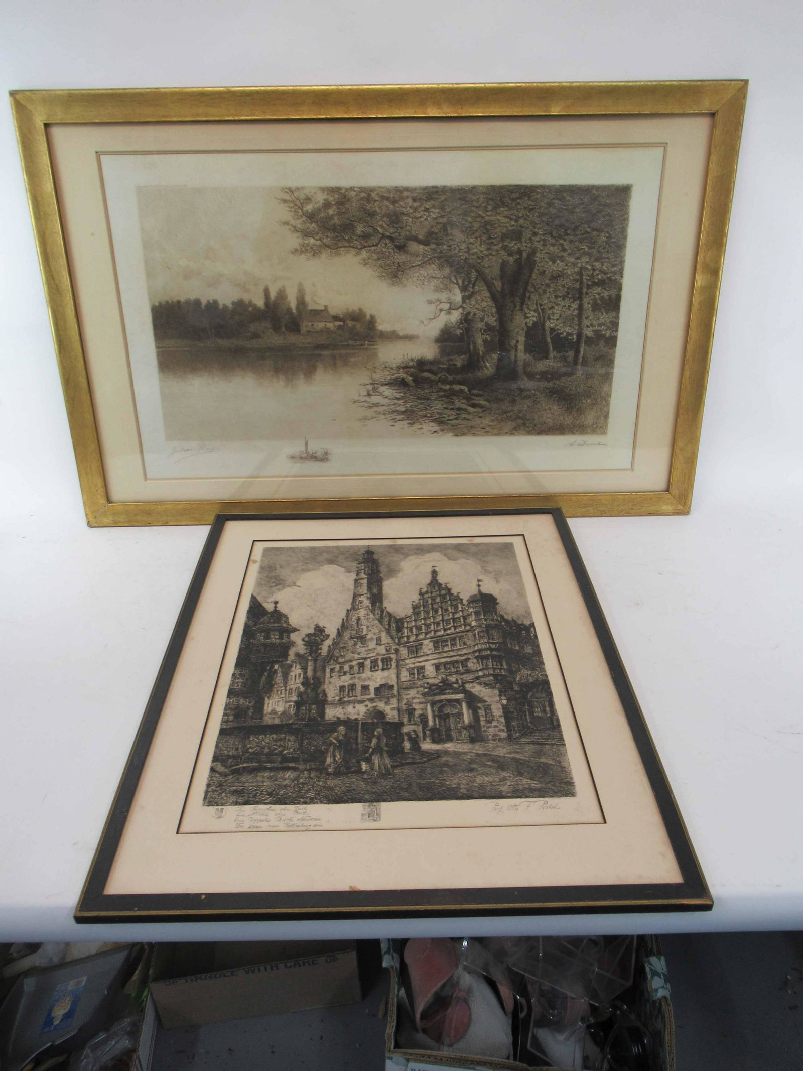 Engraving of River Side Scene: Engraving of River Side Scene Signed lower left Julian Rix and lower right A. Drescher. Together with print of Town Hall in Rathaus Rothenburg Germany, pecil signed lower right Prof. Otto F. Probst. U