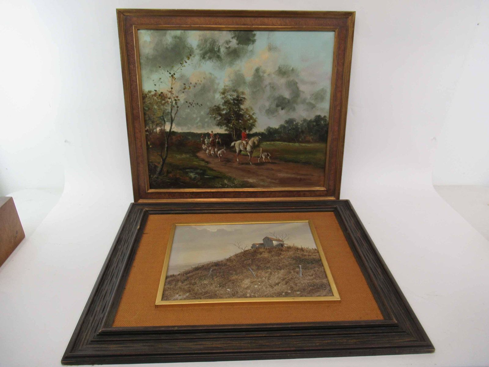 Gary Ampel Oil on Board of Farmhouse on Hill: Gary Ampel Oil on Board of Farmhouse on Hill, signed lower left, Ampel. Together with oil on canvas depicting hunting scene in the style of A. Berton. Used condition, wear, worn. Ampel framed size apr