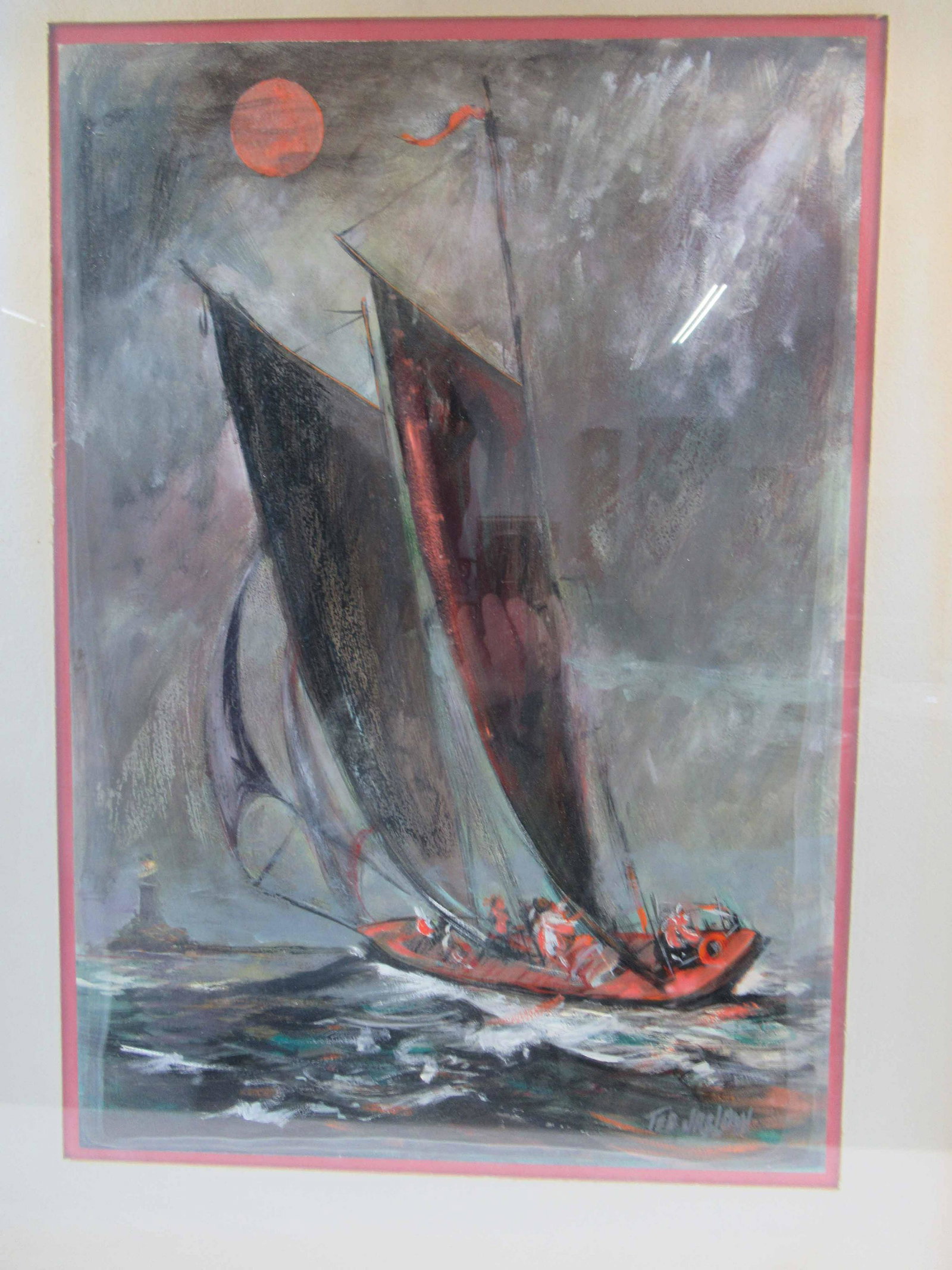 Ted Jaslow Mixed Media on Paper of Sailboat: Ted Jaslow Mixed Media on Paper of Sailboat on ocean. Signed lower right. Used condition, not examined outside frame. Framed size 20 1/4" x 26"