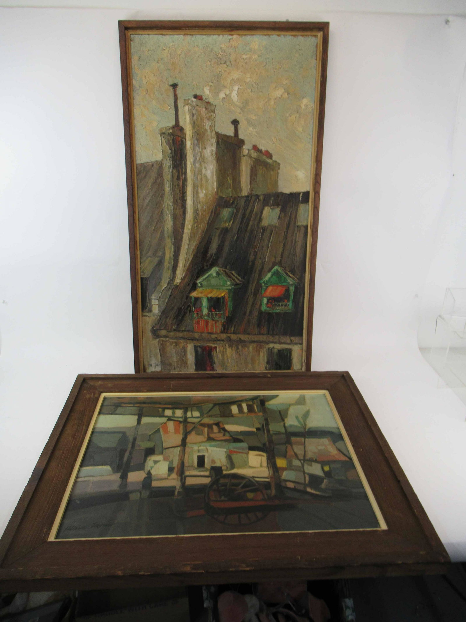 Helene Janow Oil on Canvas of Street Scene: Helene Janow Oil on Canvas of Street Scene. signed lower left. Together with roof top scene oil on canvas by M Jaffre, signed lower left. Used condition, wear, worn. Janow framed size 30 3/4" x 24 1/2