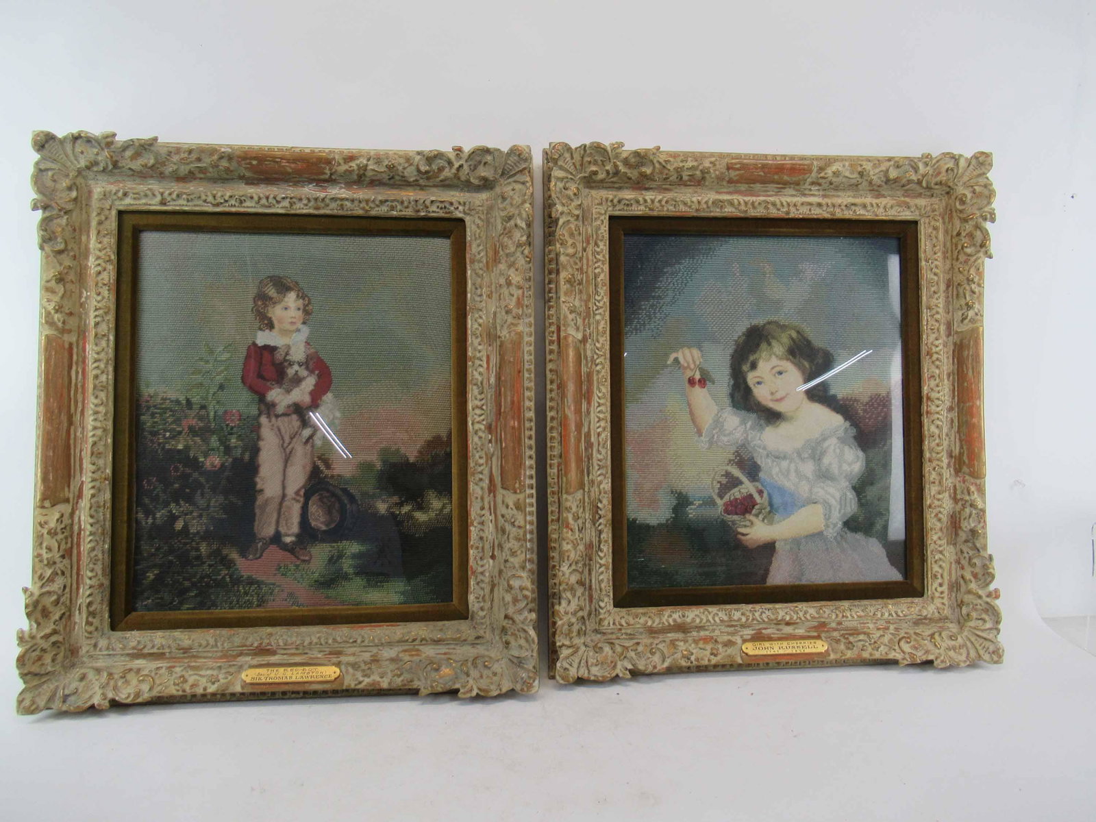Two Needlepoint Portraits: Two Needlepoint Portraits one titled Girl With Cherries after artist John Russell and the other titled The Red Boy after artist Sir Thomas Lawrence. Used condition, wear, worn, not examined outside fr