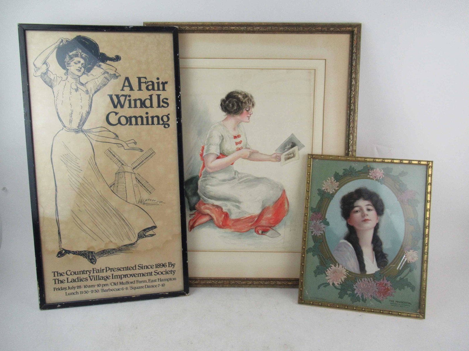 Alice Luella Fidler Mixed Media of Seated Woman: Alice Luella Fidler Mixed Media of Seated Woman looking at photographs. Signed lower right Alice Luella Fidler. Together with a print of A Fair Wind Is Coming and a print of young woman, Prudential In