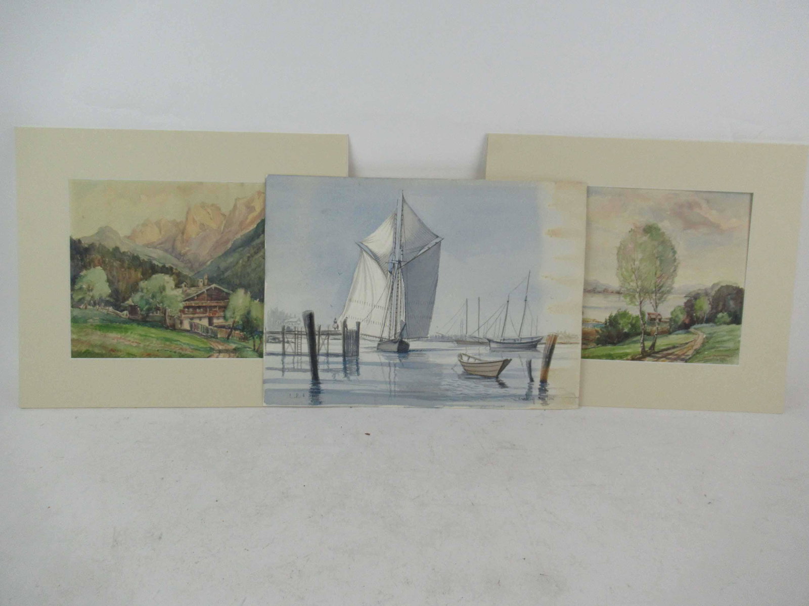 Earl G. Barlow Watercolor Seascape: Earl G. Barlow Watercolor Seascape depicting Sail ship near docks. Signed lr Earl G Barlow and dated ll 1963. Together with two landscape watercolor. Used condition, wear, worn. Barlow 10 3/16" x 14 1