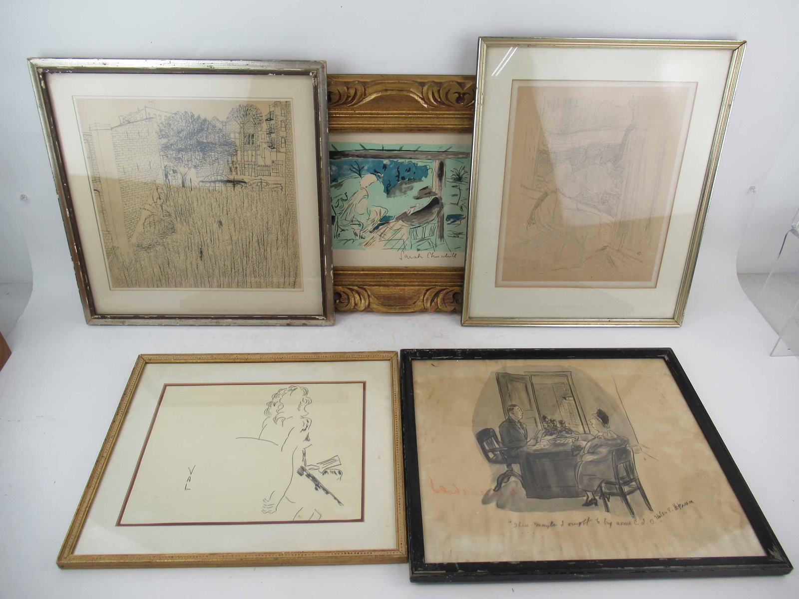 Helen E. Hokinson Business Illustration: Helen E. Hokinson Business Illustration. Together with and illustration of woman signed VAL, Sarah Curchill Print, ink drawing of vacant lot and pencil sketch of woman at window. used condition, wear,
