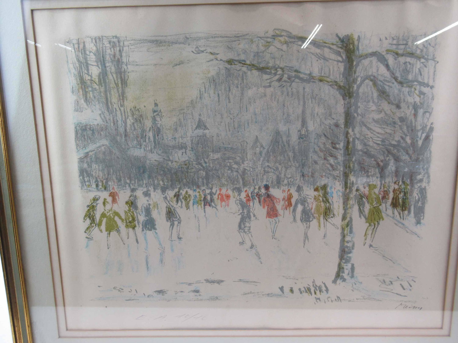Print of Ice Skating Scene: Print of Ice Skating Scene, pencil signed lower right Mima, lower left E. A. 10/10. Used condition, not examined outside frame, mat burn, wear, worn. Framed size 23 1/4" x 19 3/4"