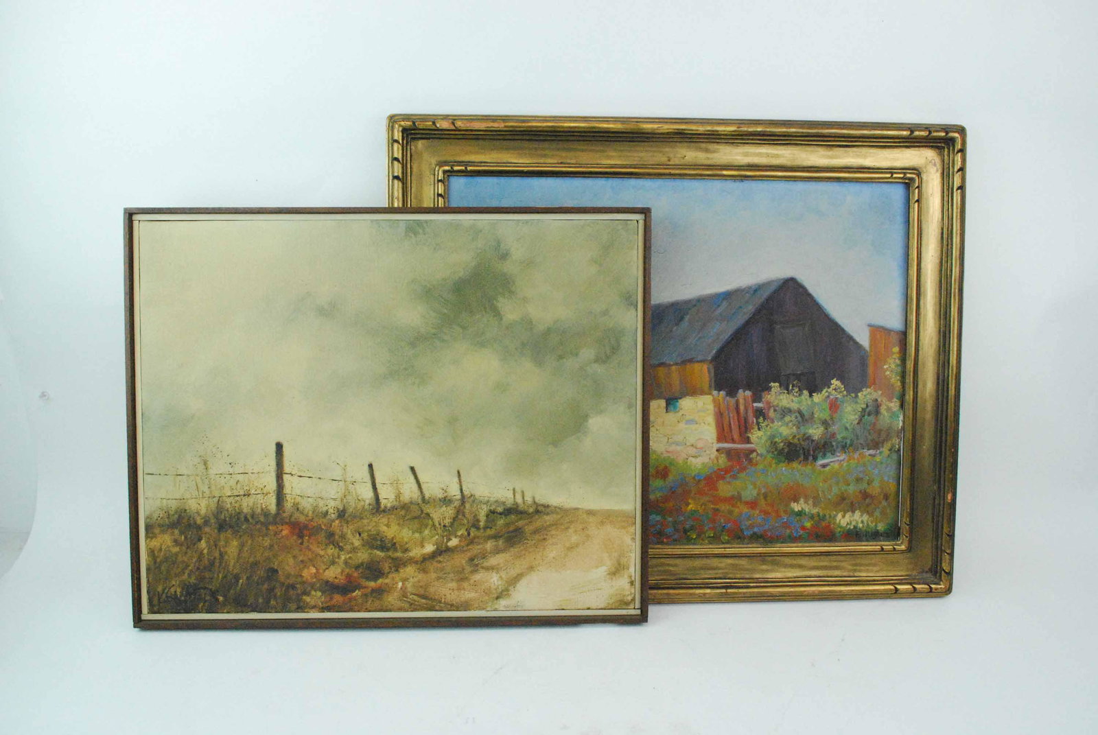 F. Hughes Oil on Canvas of Landscape: F. Hughes Oil on Canvas of Landscape depicting barn scene. Signed lower right. Together with oil on canvas landscape signed K. Snyder lower left. Used condition, wear, worn, damage, losses, cracked, p