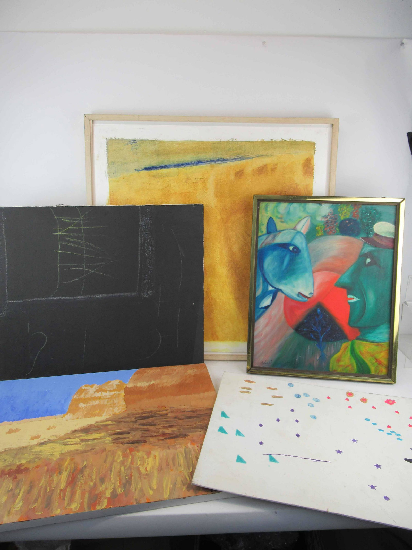 Modern Oil on Canvas Signed Wolf: Modern Oil on Canvas signed Wolf lower left. Together with 2 Modern oil on canvas, water color on board and modern lithograph signed illegibly lower right. Used condition wear worn push marks dirty. l