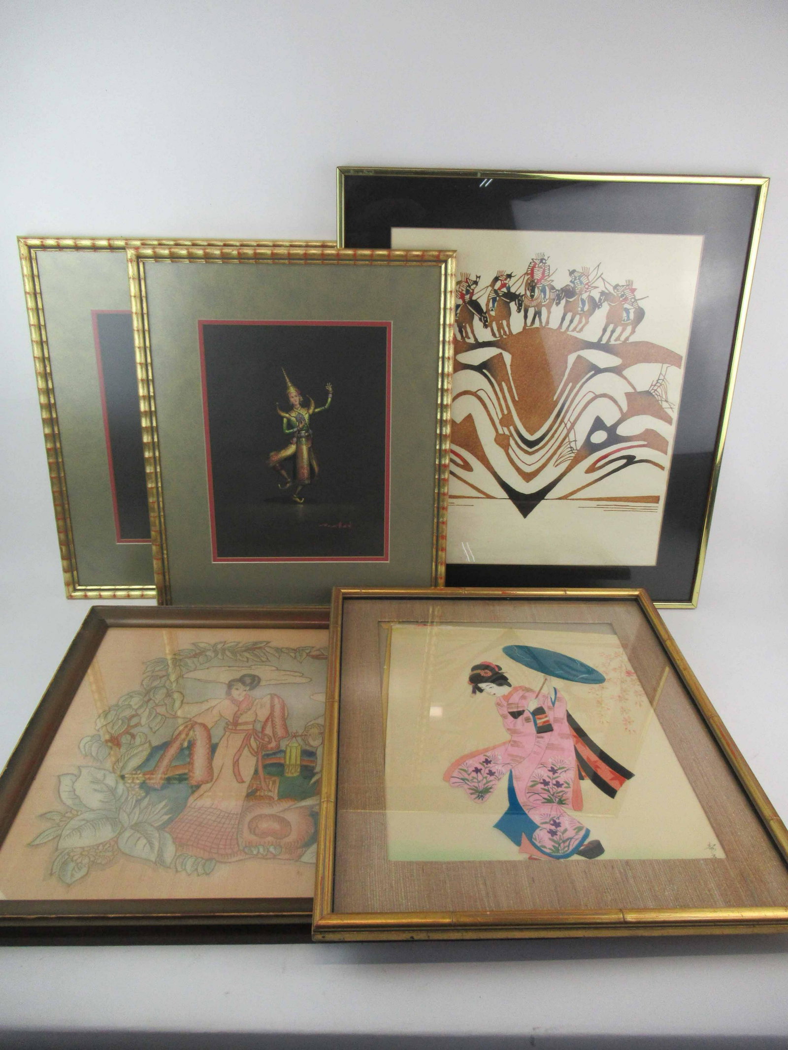 Asian Print of Warriors on Horseback: Asian Print of Warriors on Horseback signed illegible lower left no 14/300. Together with 2 prints of Thai dancers and a William Edwin Fager mixed media on paper, of Asian lady and servant signed lr W