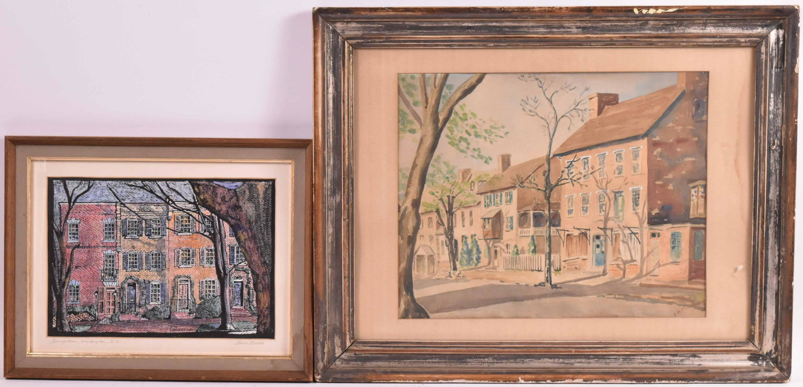 Watercolor of Townhouses, E.A. Marshall: Signed l.r. Together with a print of Georgetown, Washington DC, by Jules Zugbe. Sight size: 9-1/2"h x 13-1/4"w and 14-1/4"h x 17-1/2"w