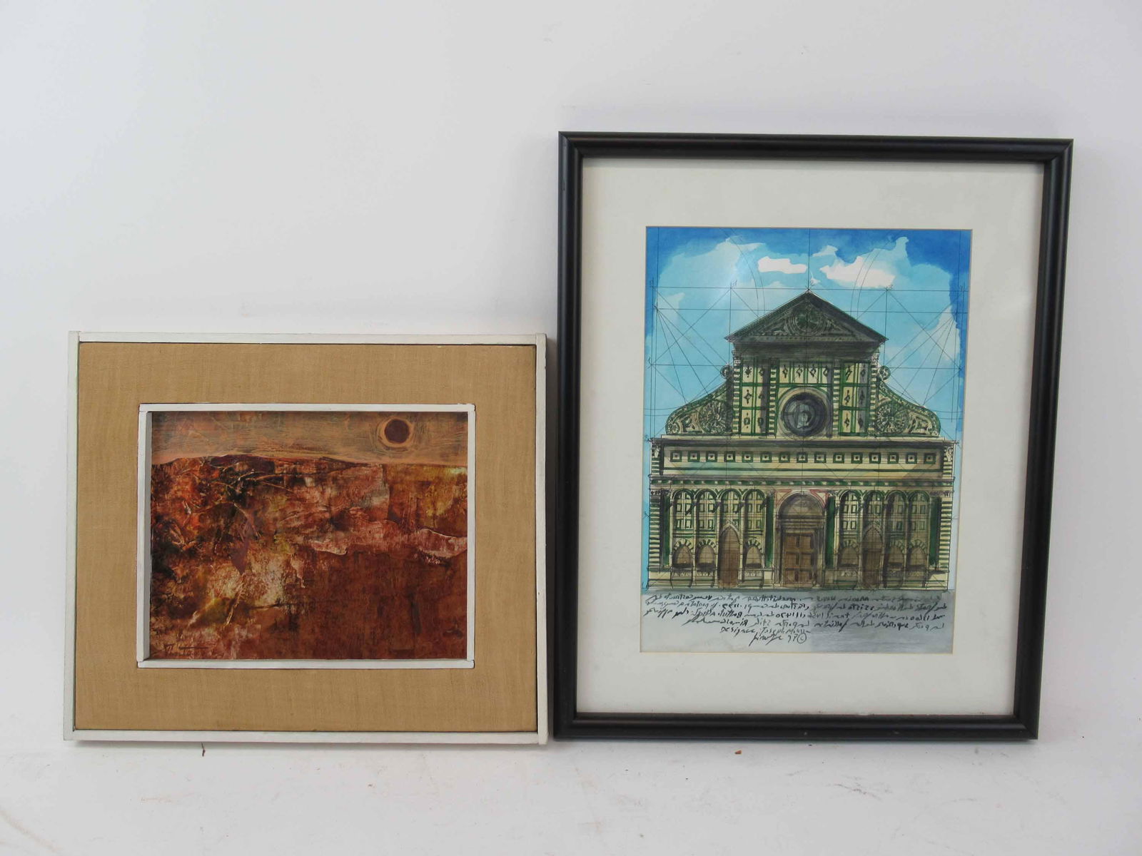 Joseph Moussa Watercolor Architectural Rendering: Joseph Moussa Watercolor Architectural Rendering with mirror script written in Italian. Together with a James Pinto Mixed Media Romantic Landscape. Used condition, water stain to Moussa. Each signed b