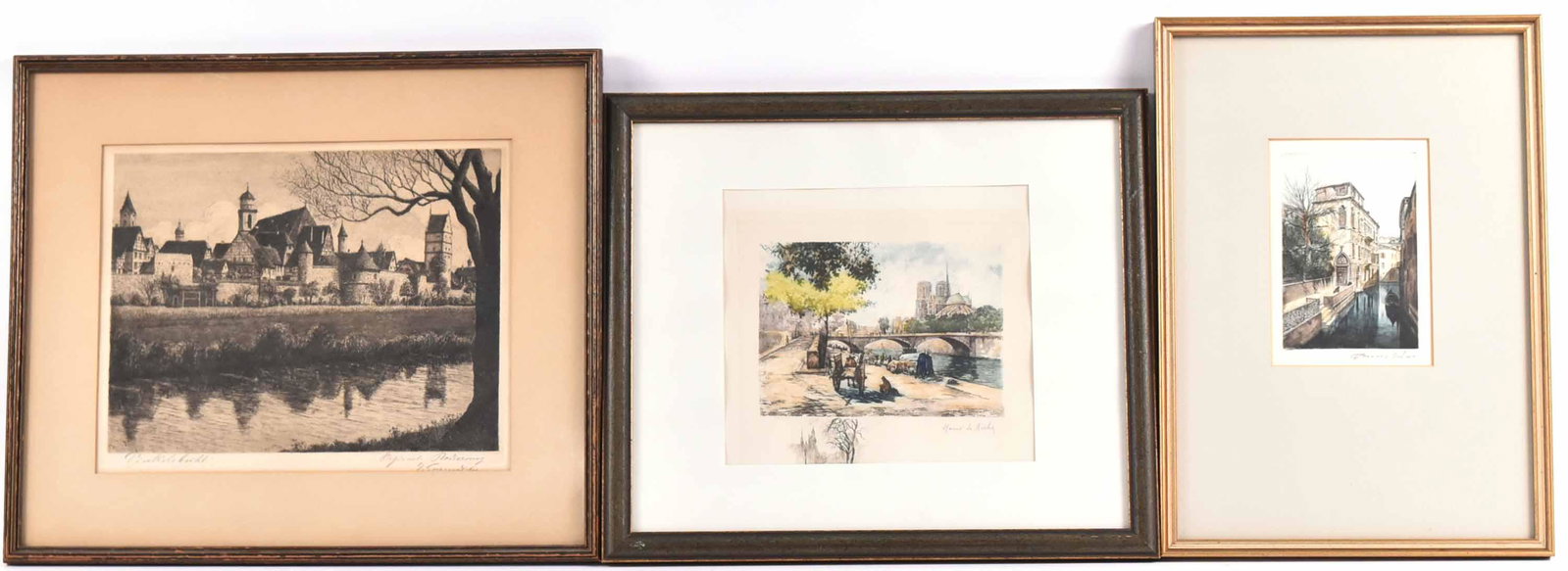 Three Engravings of European River Scenes: Three Engravings of European River Scenes. One of the Notre Dame from the Seine and one of a Venice canal, Singed on verso by P Rull.Sight sizes: 9-1/2"h x 12"w, 8"h x 8-3/4"w, and 6-1/2"h x 4-1/2"w