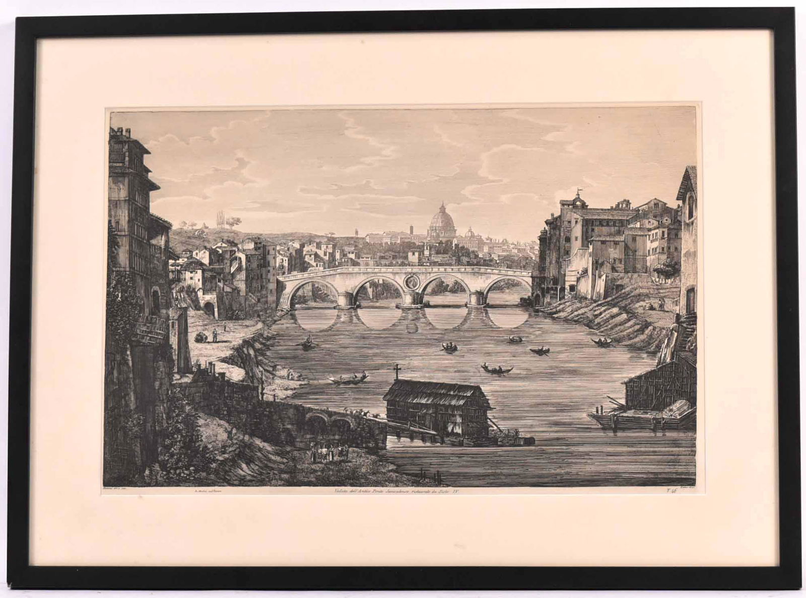 Engraving Veduta dell'Antico Ponte, Luigi Rossini: Engraving Veduta dell'Antico Ponte, Luigi Rossini (Italian, 1790-1857), roma, 1823.Sight size: 14"h x 21-1/4"w