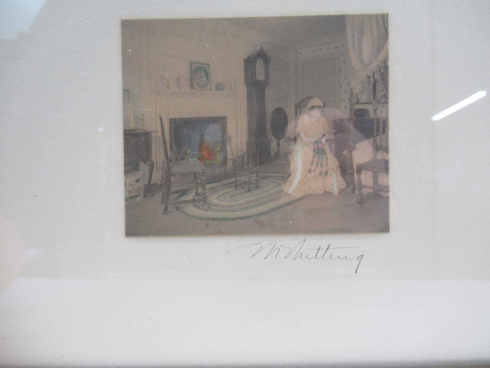 Wallace Nutting Signed Print: Wallace Nutting Signed Print. Together with vintage "Indian Lovers" print and diorama/cutout of boy and dog running to their chauffeur. Used condition wear,worn. largest frame size 13 3/4" x 13 3/4"