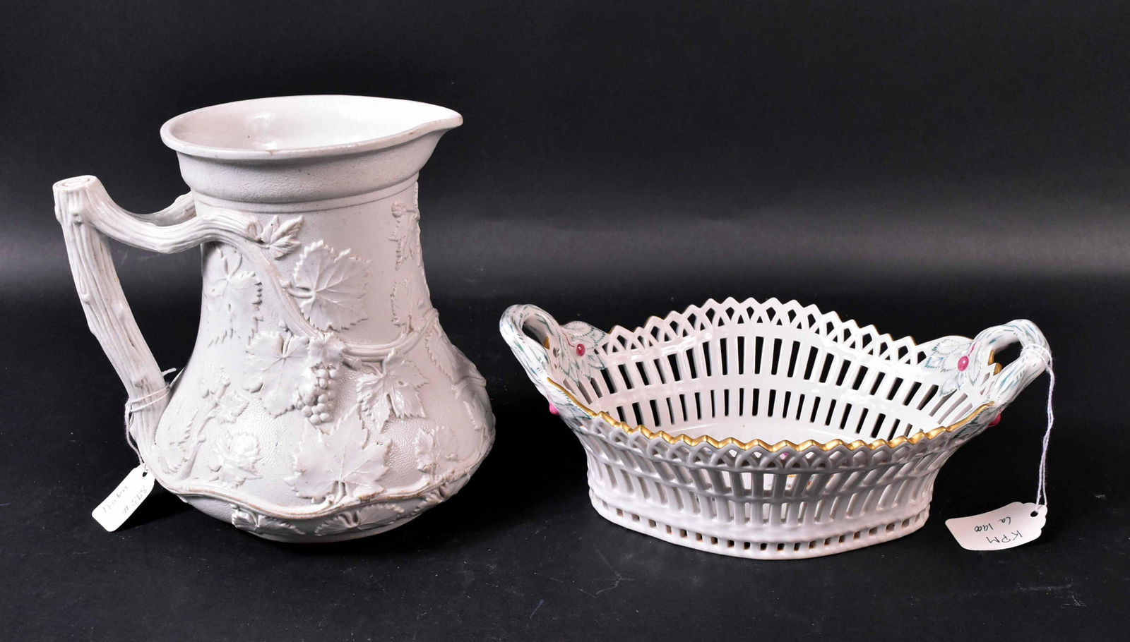 Minton 1848 Society Arts Prize Jug: Together with a KPM reticulated porcelain basket. 7"h and 9"l.