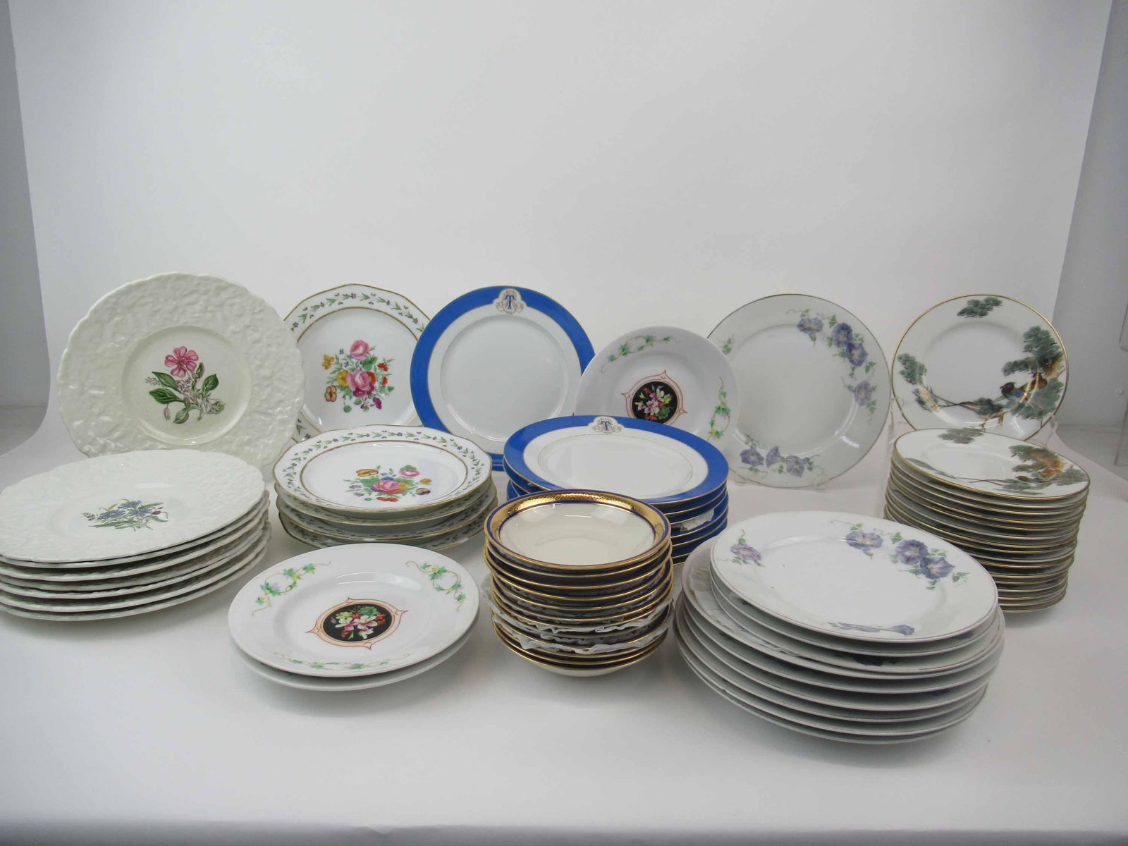 Group of Assorted Porcelain Table Articles: Group of Assorted Porcelain Table Articles. Including 8 Royal Cauldon, Bristol Ironstone Woodstock luncheon Plates, 7 Czechoslovakian Chodan morning glories plates. 8 blue rimmed luncheon plates, 17 H