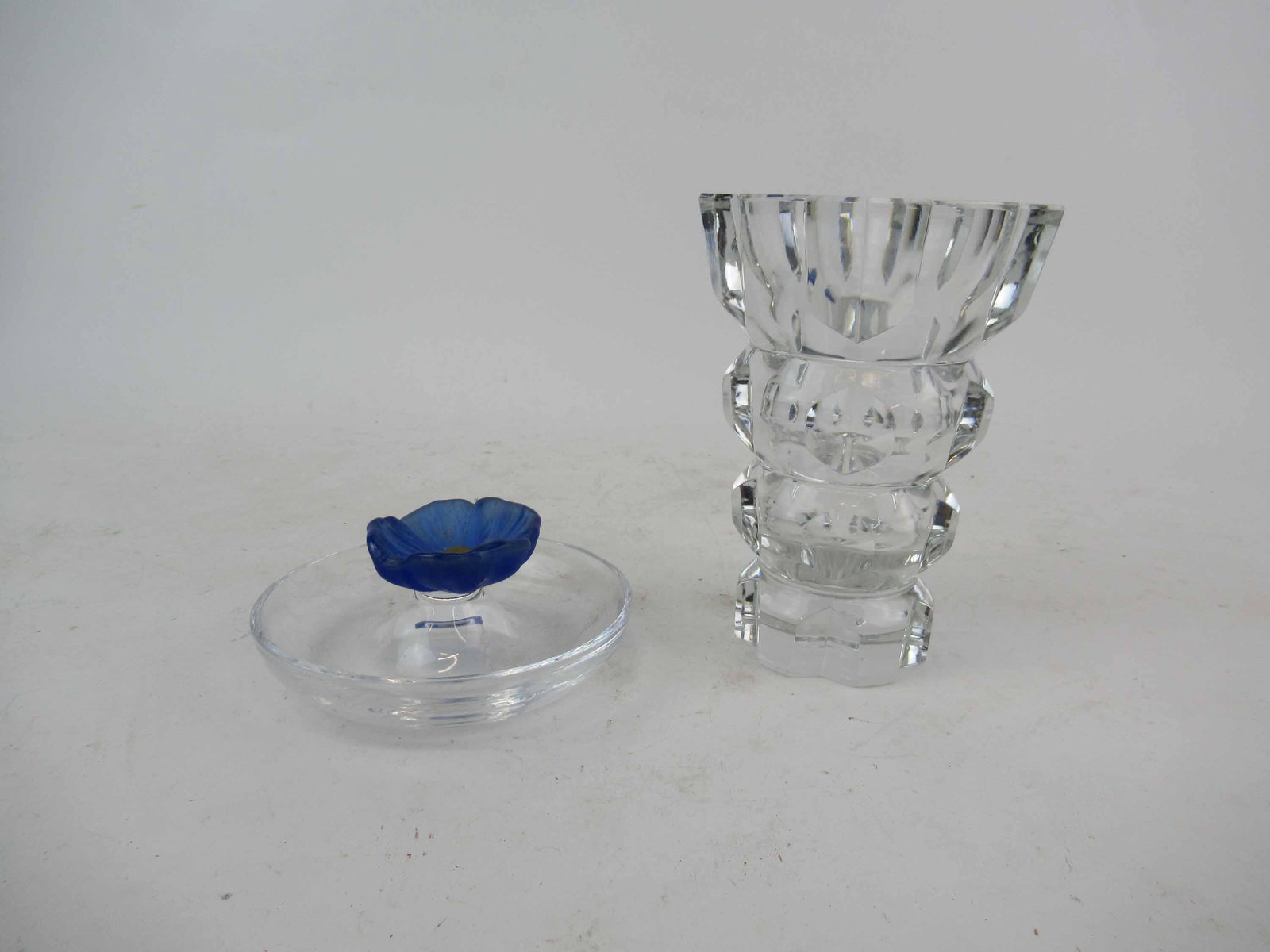 Daum France Crystal Vase: Daum France Crystal Vase together with a blue Hibiscus trinket dish, both etched Daum France, vase measures 6 3/4" high x 4 3/4" wide, used condition, wear/worn, scratches, vase has 2 small chips on t