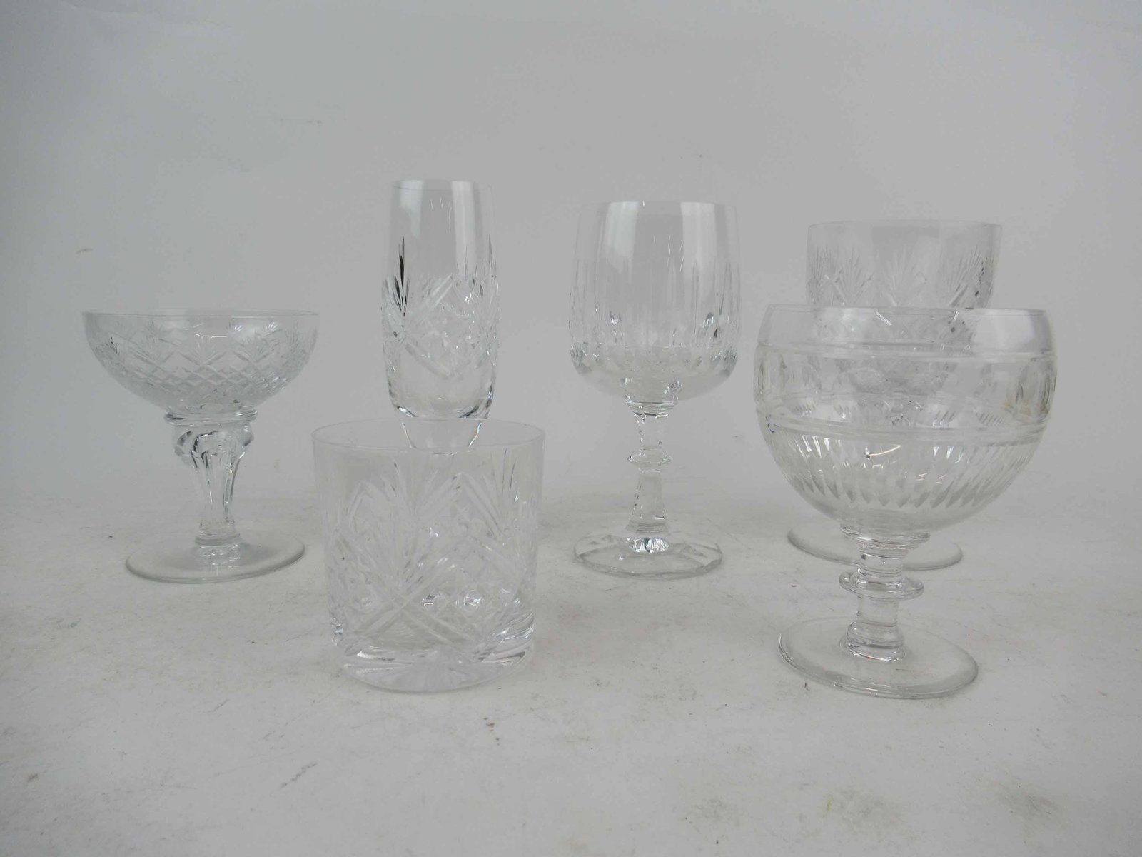 Group of Assorted Crystal Stemware: Group of Assorted Crystal Stemware including Royal Leerdam/Netherlands,12 champagne (5 with chips), 7 water goblets , 1 wine; Schott-Zwiesel Tango 7 water goblets (2 with chips); Webb Corbett, 4 wine 