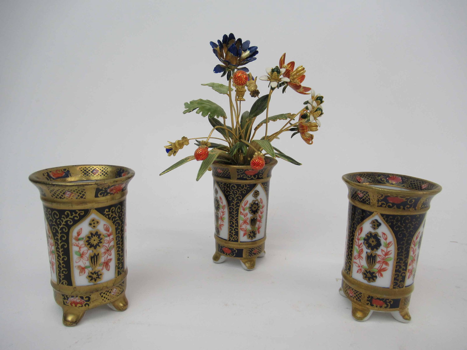 Gorham Fleurs de Siecles Imari Flower Vase: Gorham Fleurs de Siecles Imari Flower Vase with gold plated enameled flowers by Jane Hutcheson together with two imari porcelain vases, measures 5 1/2" high x 4 1/2" wide, used condition, wear/worn, e
