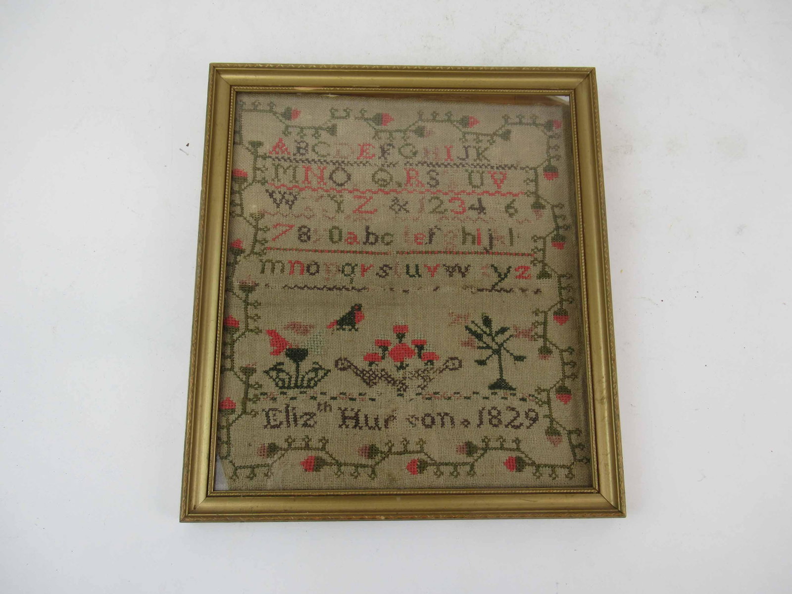 Antique 1829 Alphabet Sampler: Antique 1829 Alphabet Sampler. Used condition, wear, worn, stains, missing thread.. Framed size 12" tall x 11"