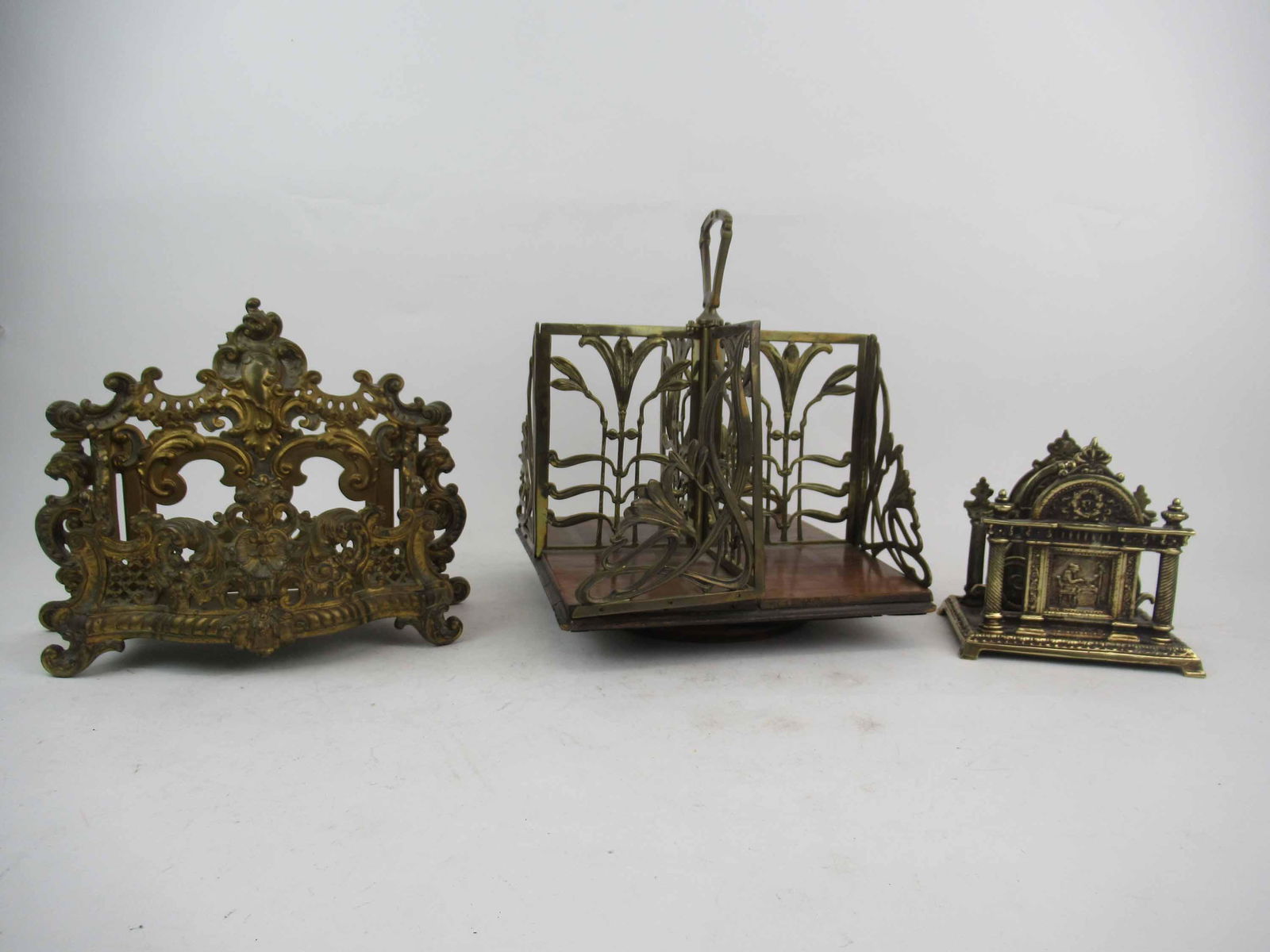 Vintage Brass Floral Decorated Lazy Susan: Vintage Brass Floral Decorated Lazy Susan. Together with French Brass letter holder missing divider and patinated metal letter holder. Used condition, wear, worn, not rotating, loose. Lazy Susan Size