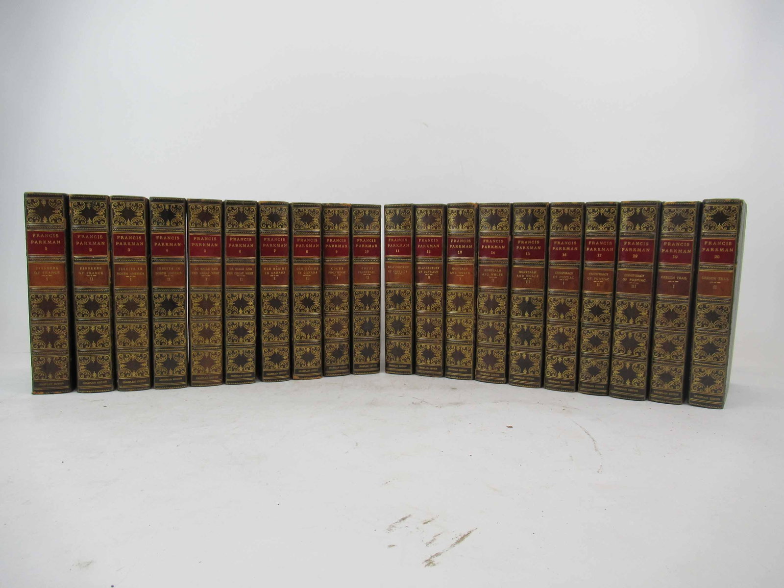 20 Vol. The Works of Francis Parkman: 20 Vol. The Works of Francis Parkman,1897-1898, Champlain Edition, limited edition each marked 858-1200. Used condition, wear, worn, foxing, stains, some binding losses. 8 1/2" x 5 3/4"