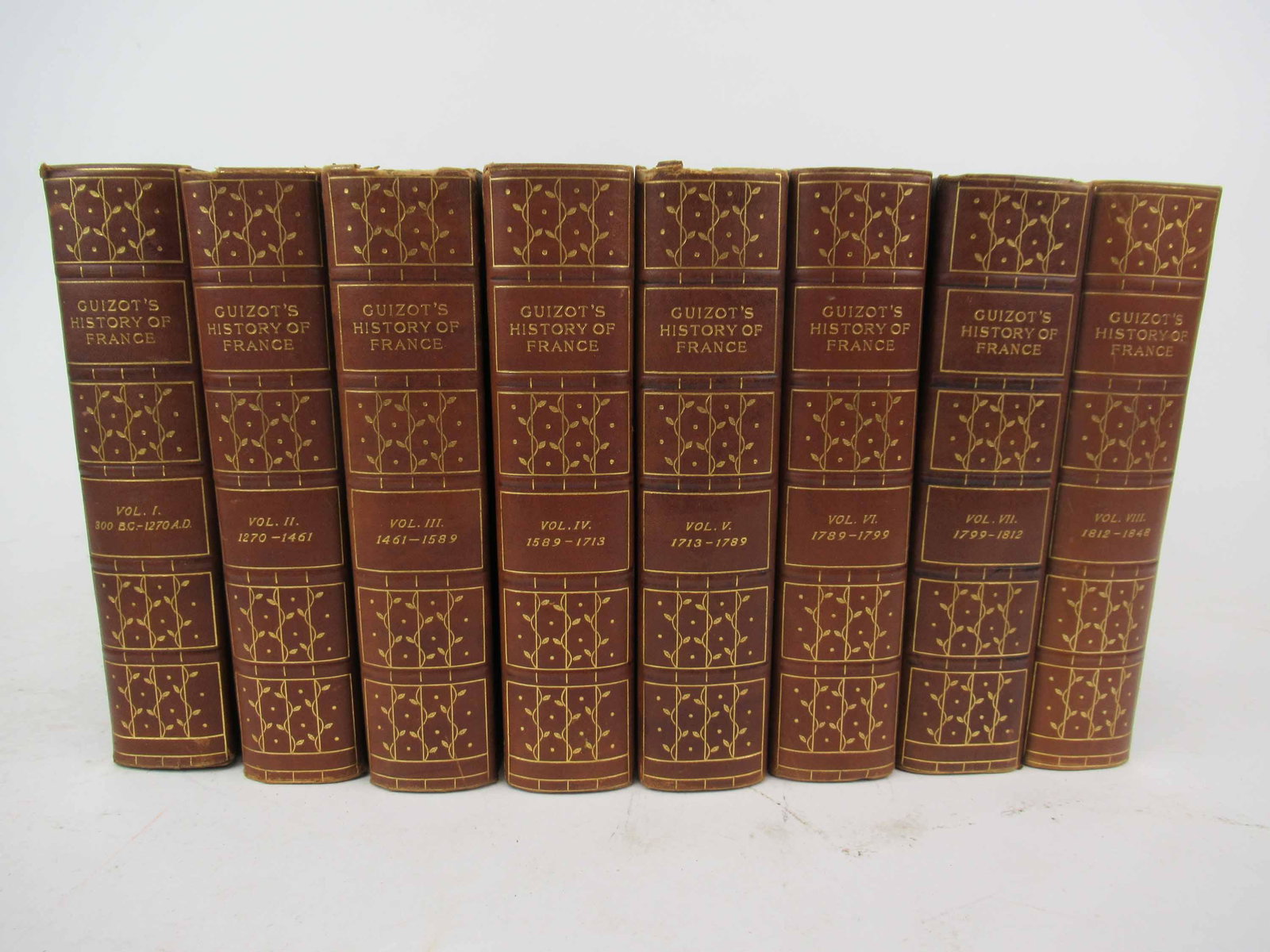 8 Vol. Guizots History of France Library Edition: 8 Vol. Guizots History of France Library Edition by M. Guizot and Madam Guizot De Witt. E.R. Dumont Publisher. Used condition, wear, worn. 8" x 5 1/2"