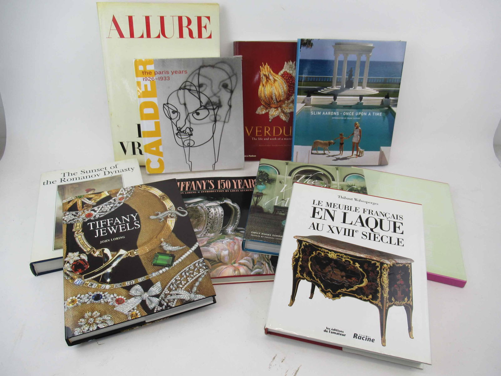 Group of Assorted Table Books: Group of Assorted Table Books. Including Tiffanys 150 years, Tiffany Jewels, Verdura, The world of Madeleine Castaing, Le Meuble Francais, en Laque au Xviii Siecly, The sunset of the Romanov Dynasty,