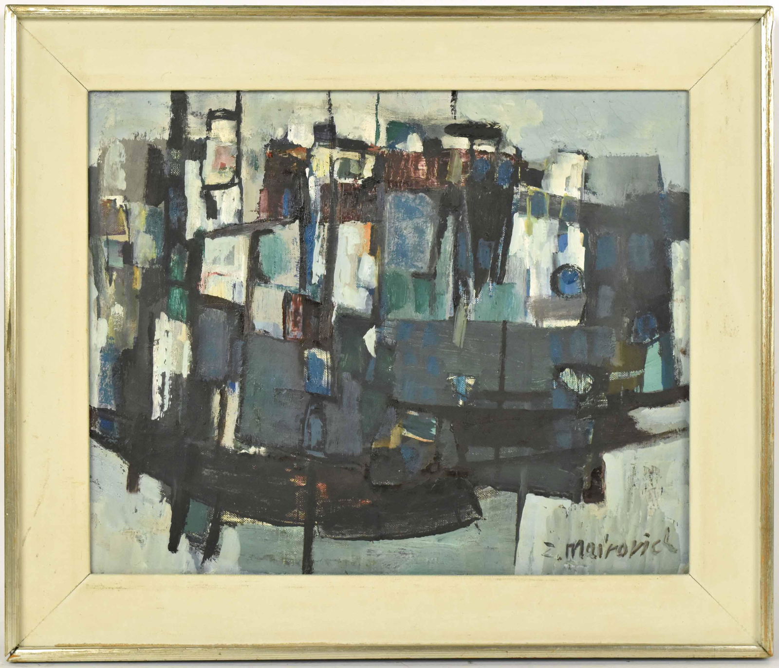 Oil on Canvas, Abstract Cityscape, Zvi Mairovich: (Israeli, 1911-1974) signed l.r. Sight size: 12-1/2"h x 15-3/8"w