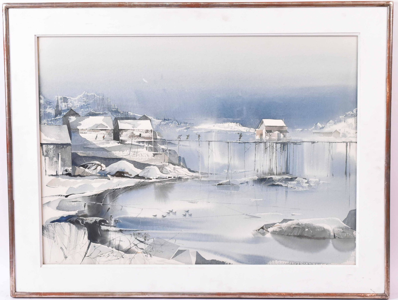 Watercolor Footbridge After Storm Lawrence Sisson: (American. 1928-2015) Signed l.m. Verso label from The Butler Institute of American Art, Youngstown Ohio, 1999 Mid-Year Show. Titled in pencil verso "Footbridge After the Storm." Size: 21"h x 29"w