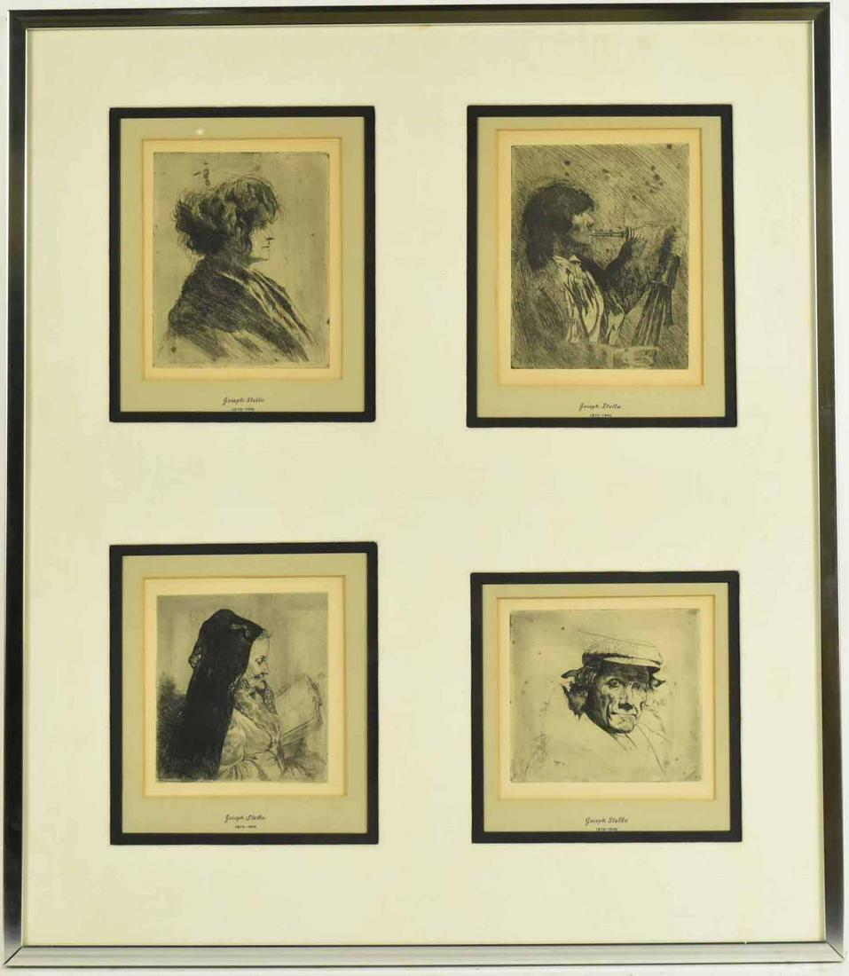 Four Etchings Framed Together, Joseph Stella: (American, 1887-1946) portraits of men and women. Sight sizes: 6-3/4"h x 5-1/8"w, 5-1/2"h x 5"w, and 5"h x 5-1/2"w