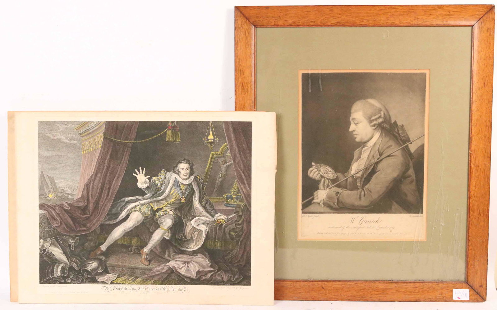 Two Engravings of Mr. Garrick: English, 18th C. Comprising, a William Hogarths "Mr. Garrick in the Character of Richard the 3rd" and a mezzotint engraving of Mr. Garrick, as Stewart of the Stratford Jubilee, September 1769, after B