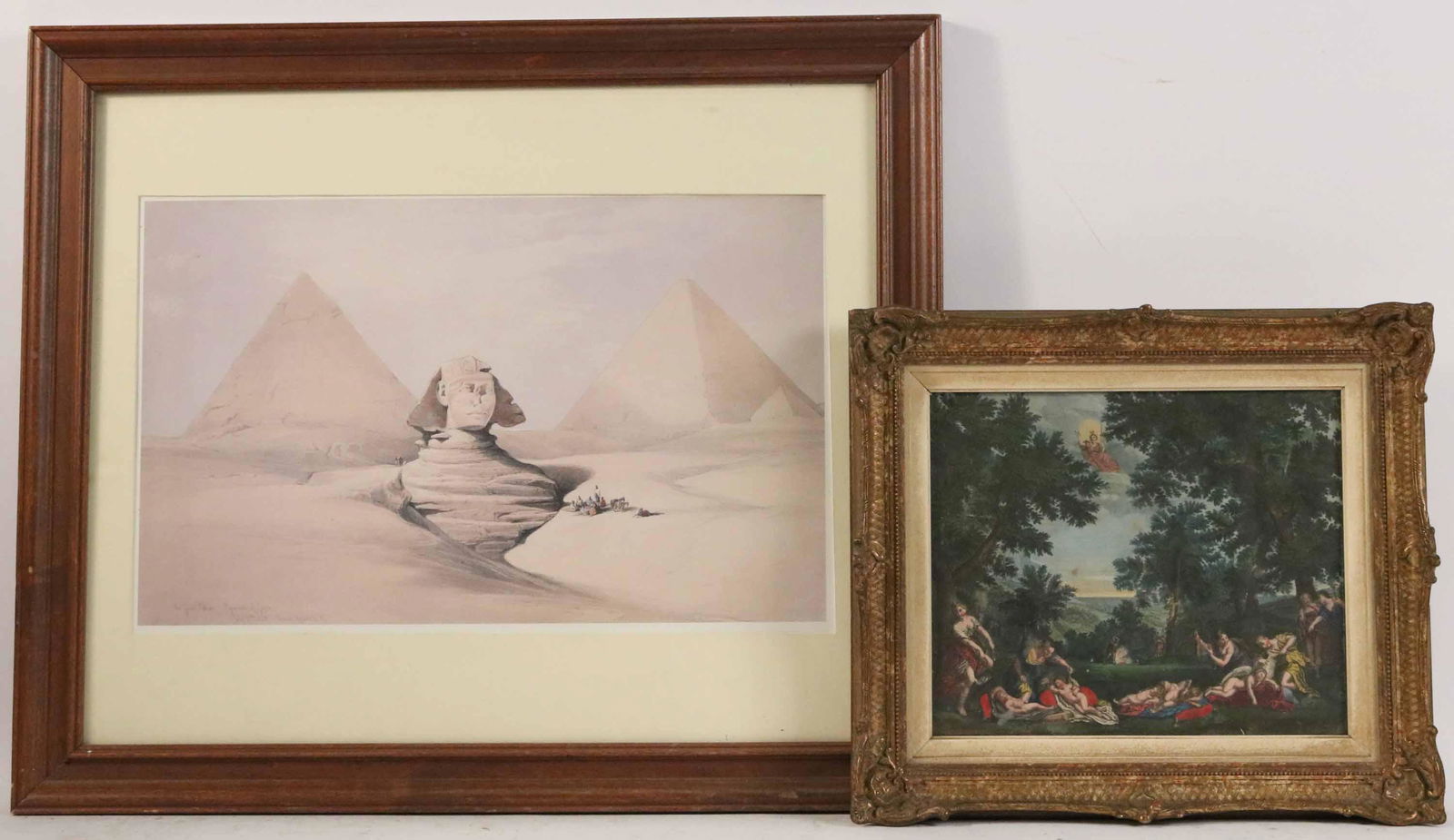 Print, "Great Sphinx, Pyramids of Gizeh-1839": After David Roberts. Together with a colored engraving of an allegorical scene. Sphinx overall: 23-1/2"h x 27-1/2"w Engraving overall: 14-3/4"h x 17"w