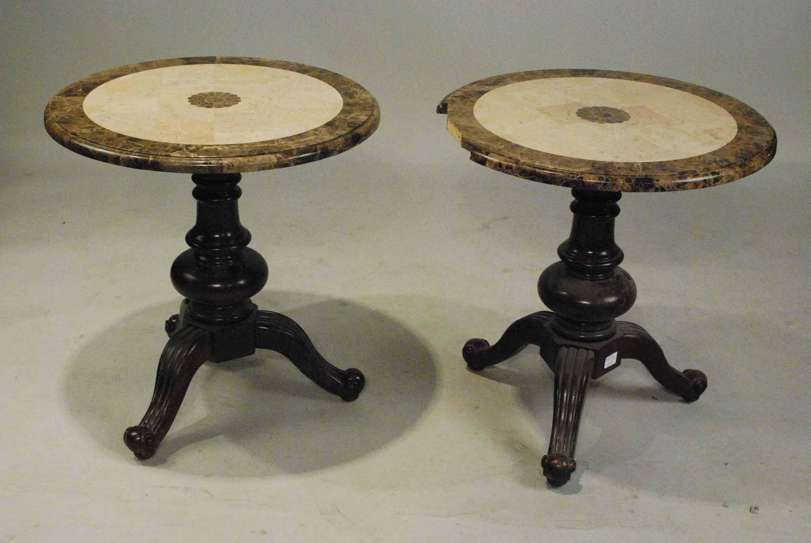 Pair of Stone-Top Circular Side Tables: Losses to top of one. 25"h x 24"dia.