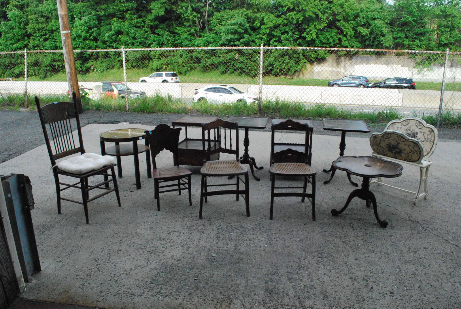 Group of Assorted Furniture: Group of Assorted Furniture. Including Chairs, End Tables and Occasional tables. Used condition, wear, worn, maybe missing pieces, surface distress.