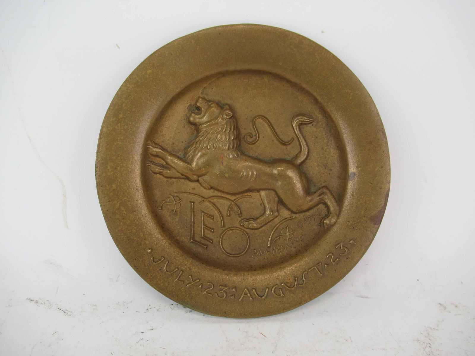 Paul Howard Manship Bronze, Leo: Paul Howard Manship (1885-1966) bronze medallion depicting Leo dated 1946, used condition, wear/worn, measures 6" diameter x 3/4" high