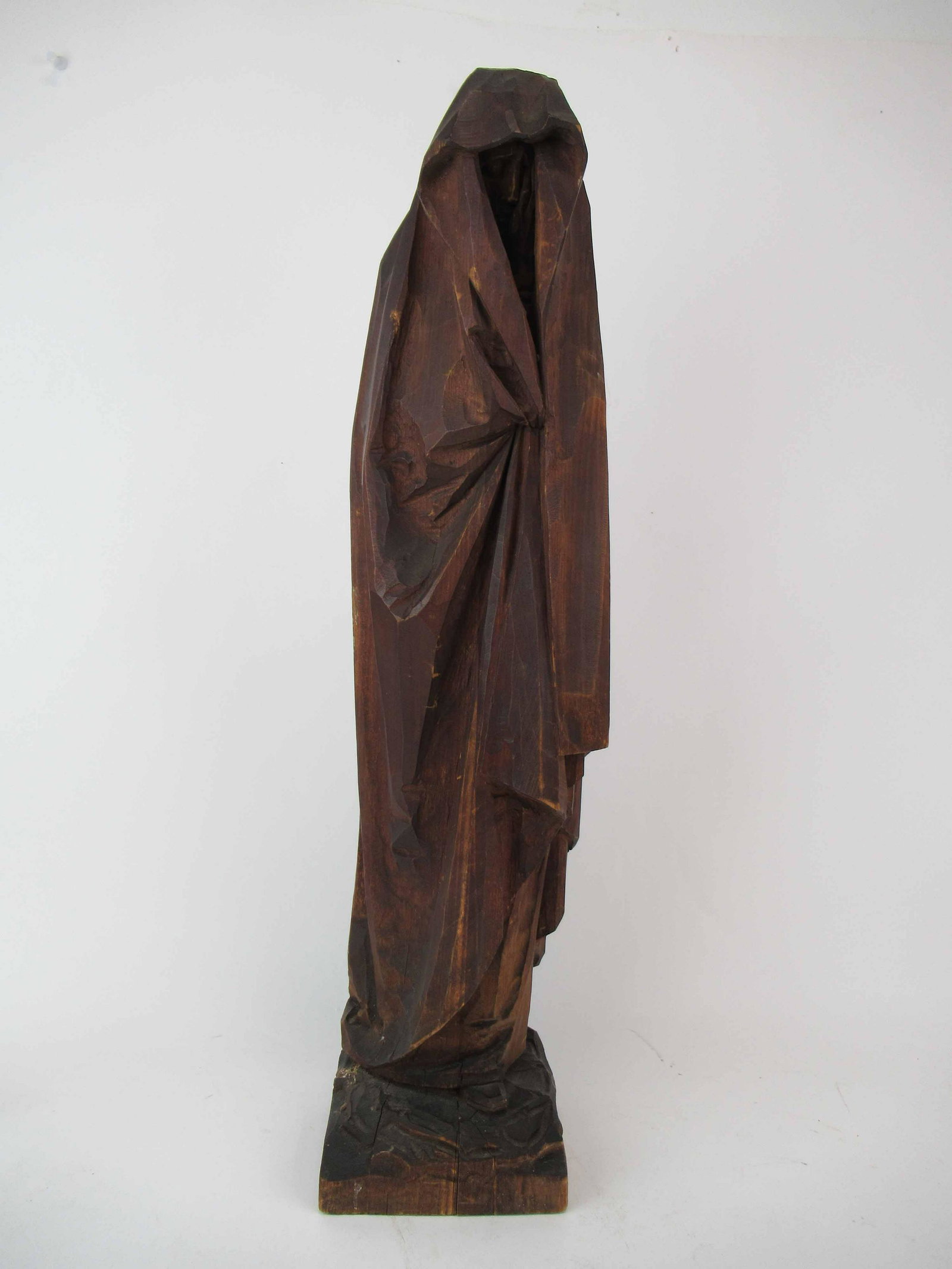 Carved Pine Figural of Cloaked Woman: Carved Pine Figural of Cloaked Woman, incised C. Dell Antonio 1914. Possibly by Cyrillo Dell Antonio. Used condition, scratches, chips. 23 1/2" tall x 5 1/4" wide x 5 1/2" deep