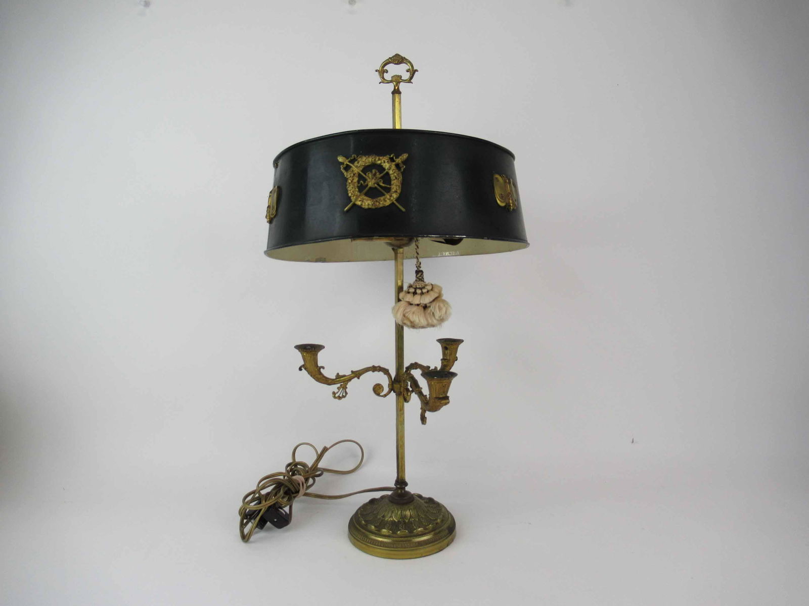 Antique Bronze 3 Light Bouillotte Table Lamp: Antique Bronze 3 Light Bouillotte Table Lamp with decorated adjustable tole shade with ormolu mounts. Used condition, electrified, wear, worn, dents to shade, paint loss. 21 1/2" tall x 13" diameter s