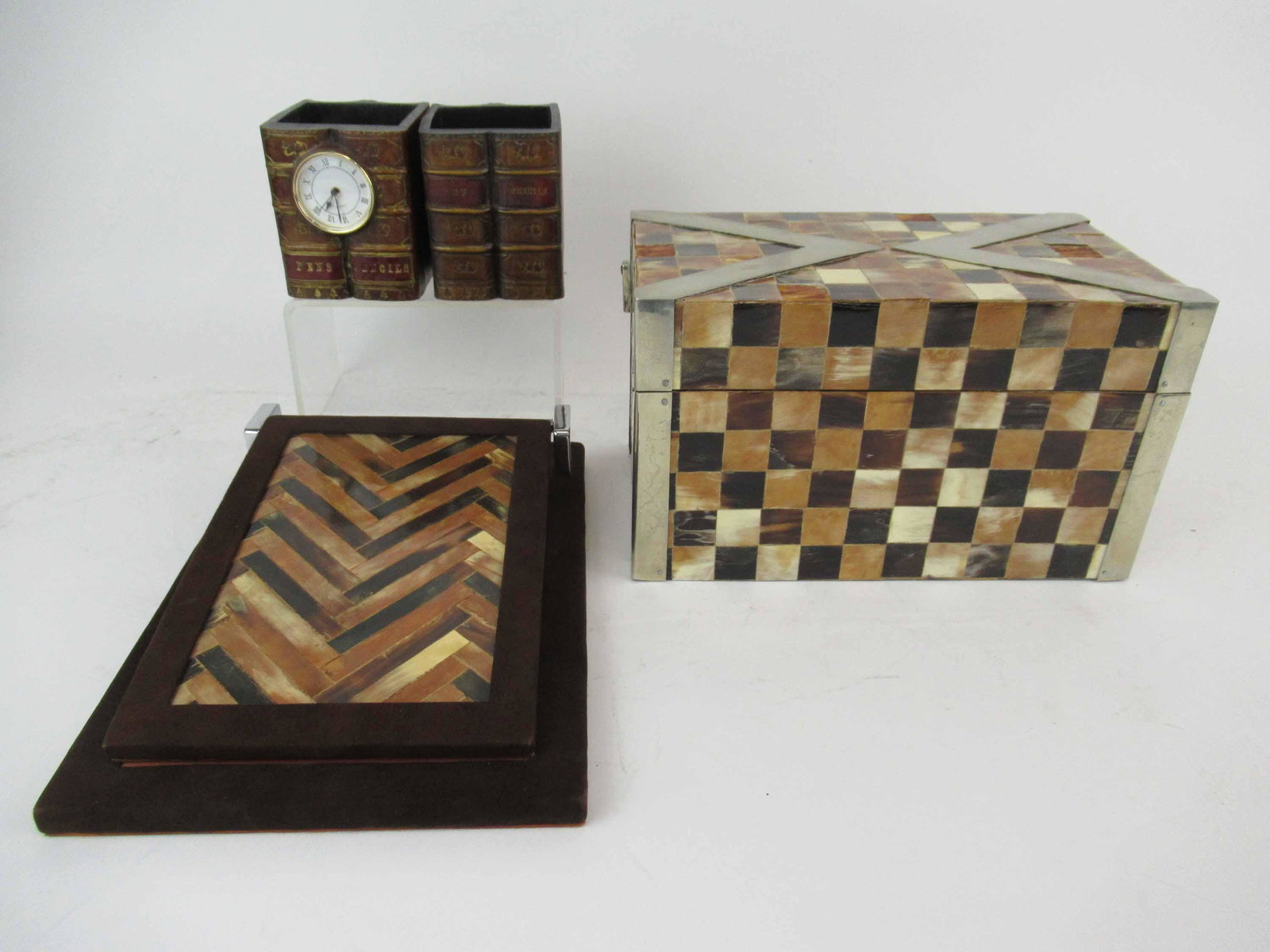The Rudolph Collection Horn Desk Box and Pad: The Rudolph Collection Horn Desk Box and Pad with chrome bands. Together with The Original Book Works pen and pencil book form holder with clock. Used condition, missing squares. Box size 10" x 6" x 5