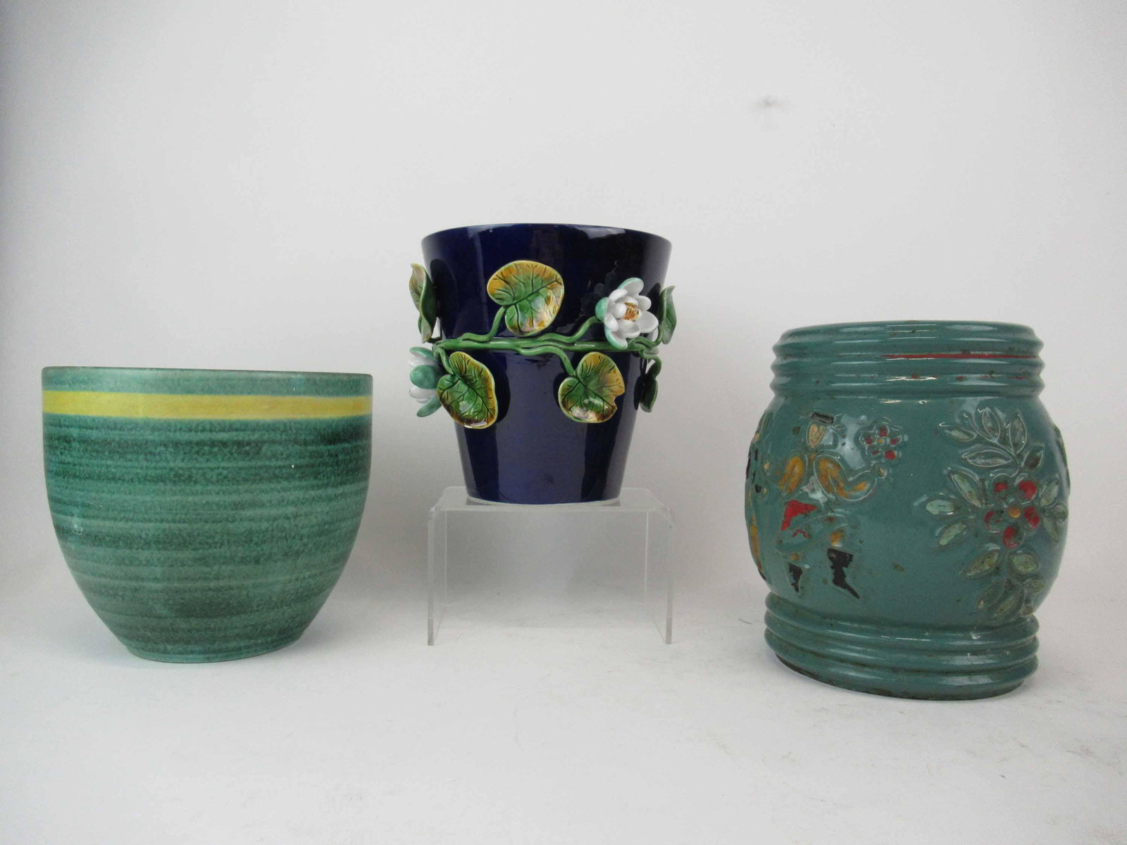 Bordalo Pinheiro Cobalt Pot with Applied Flowers: Bordalo Bordallo Pinheiro Portugal Cobalt Pot with Applied Leaves and Flowers together with two ceramic pottery flower pots, one with embossed flowers and people the other with yellow stripe marked Vi