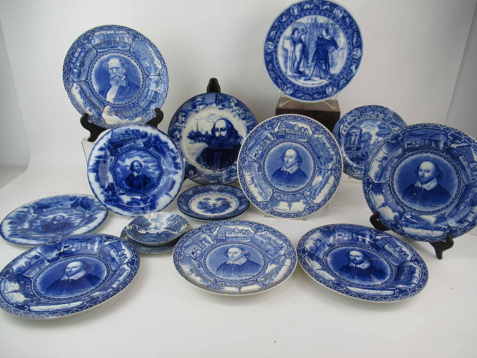 Assorted Shakespearean Blue Transferware: Group of Assorted Shakespearean Blue Transferware. Together with assorted Blue and White Transferware. Including Wedgwood, Spode, Wood and Son, Rowland and Marsellus, Used condition, wear, worn, dirty