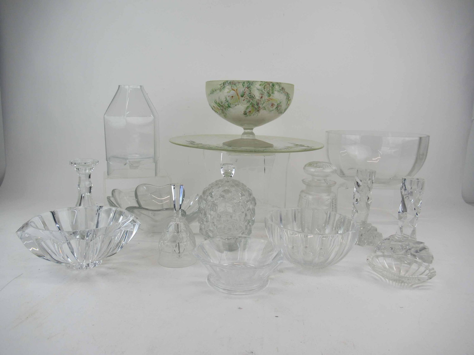 Group of Assorted Crystal & Glass Table Articles: Group of Assorted Crystal & Glass Table Articles including a pair of Tiffany & Co. crystal candlesticks, Orrefors Crystal bowl, Large Lenox Bowl with etched Members Guest Flight Champion, Shamrock gla