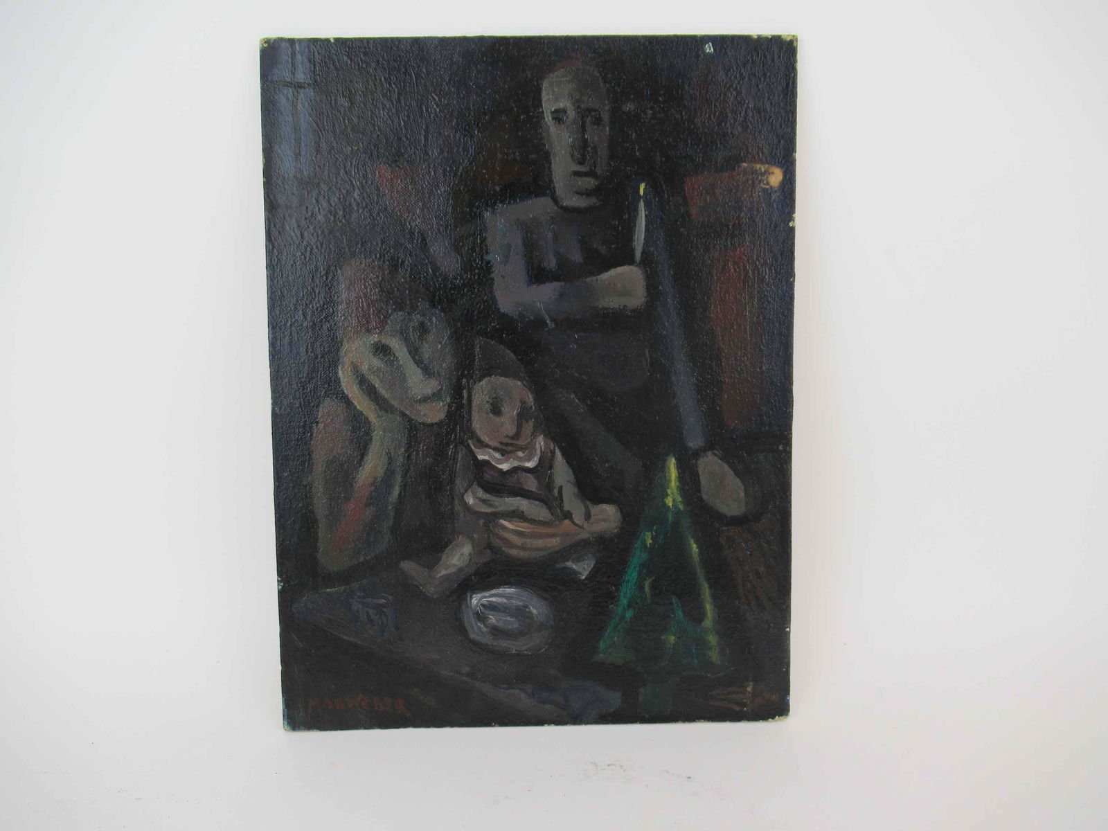 Max Weber, Oil on Board of Family: Max Weber Oil on Board of Family depicting father holding candle and mother holding child as they gaze at a small tree. Label on verso, R.H. Macy & Co Inc, 34th & Broadway, New York. Signed Max Weber