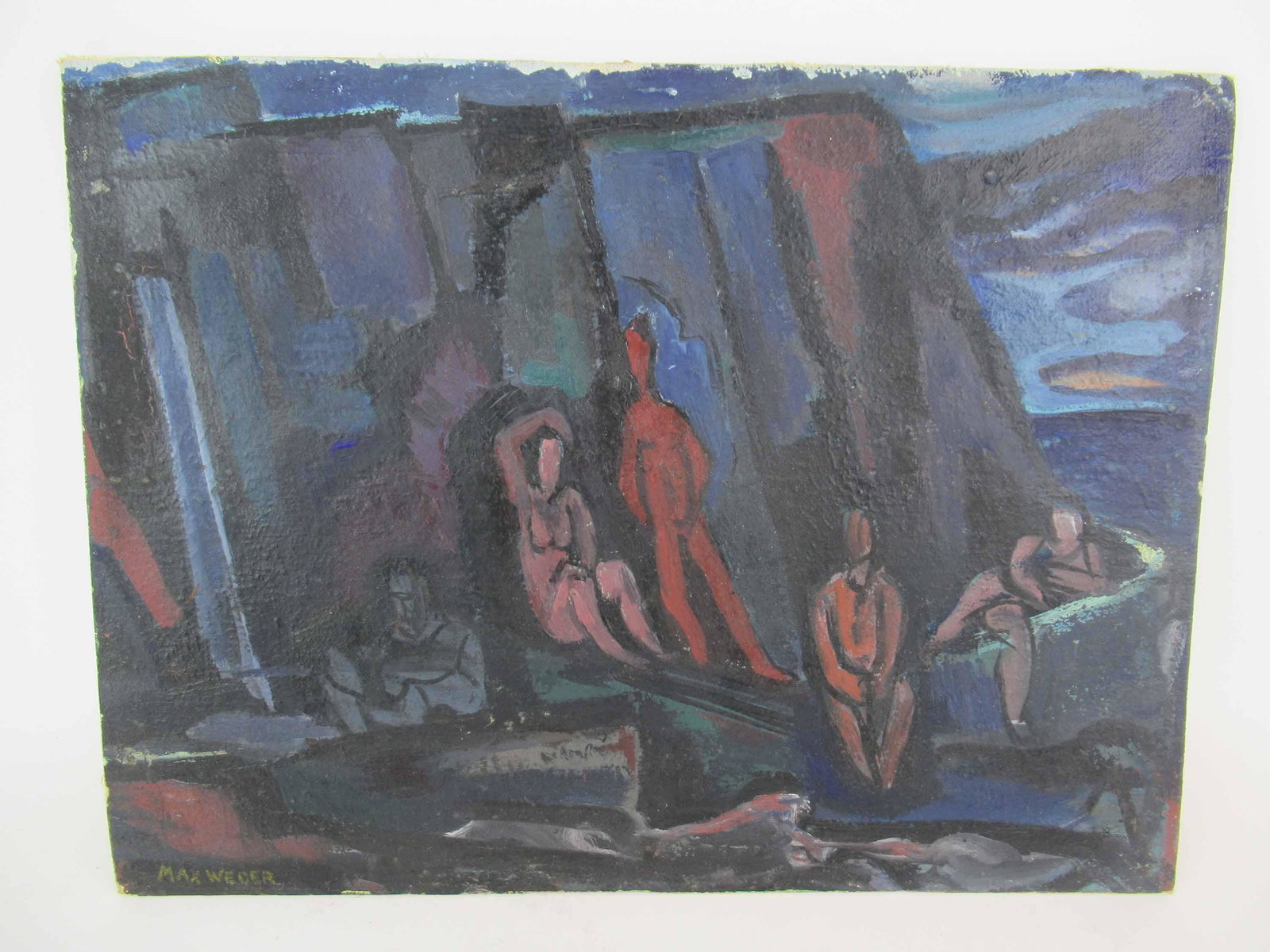 Max Weber, Oil on Board of Figures: Max Weber Oil on Board of Figures depicting 5 figures near a sea side. signed lower left Max Weber. Used condition, wear, worn, damage, cracks, chips along edges. size 16" x 12"